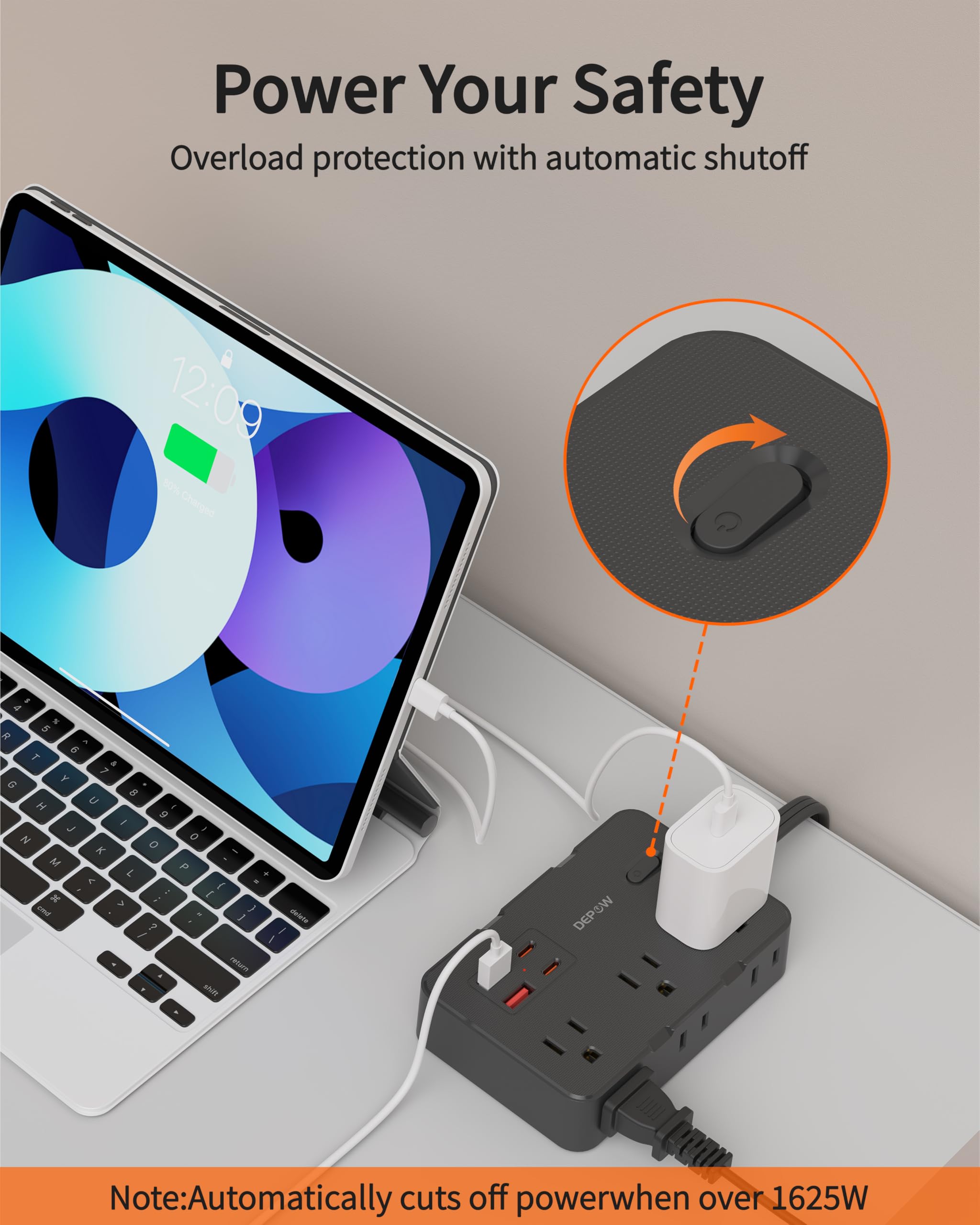 DEPOW - Stromleiste mit 6 AC Steckdosen und 4 USB-A Ports, 45° abgewinkelte Steckdose Ladestation mit Netzschalter, 3 Fuß Verlängerungskabel für Kreuzfahrten, Schlafzimmer,