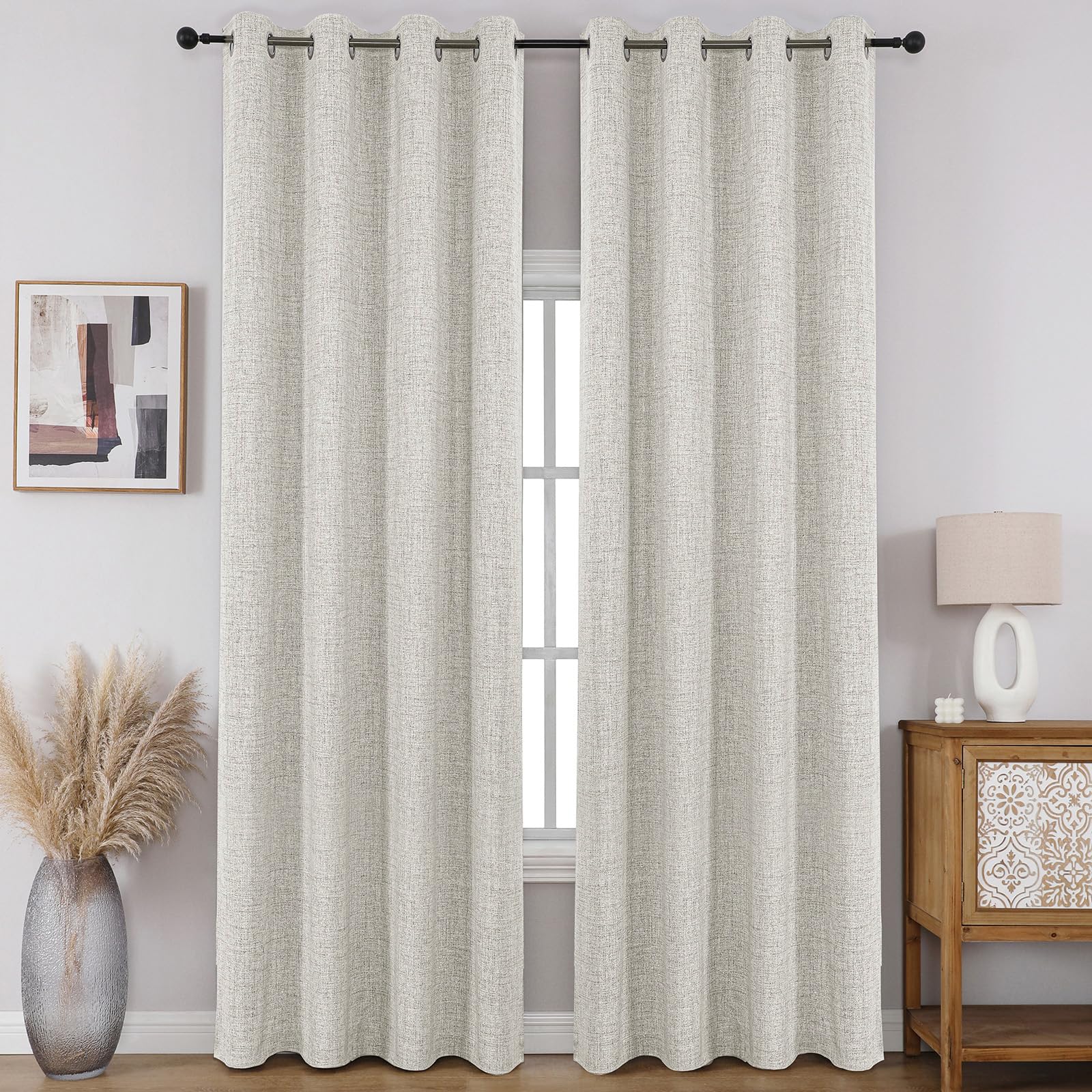 CUCRAF 100% Blackout Window Curtains 84 inches Long 2 Panels Set, Faux Linen Look Thermal Insulated Grommet Drapes, Room Darkening Curtain for Bedroom