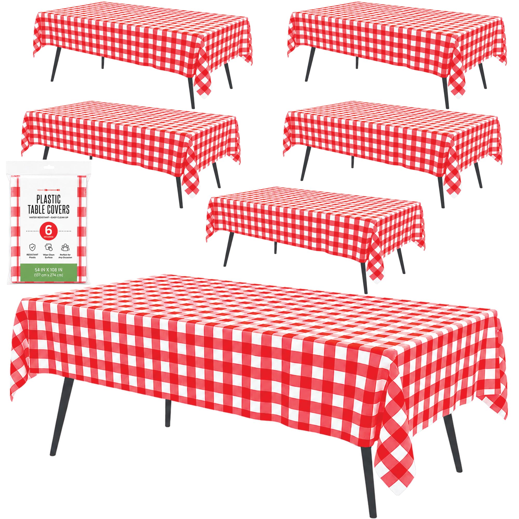 Mantel de plástico a cuadros | 6 unidades – 54 pulgadas de ancho x 108 pulgadas de largo | Mantel desechable de picnic rojo y blanco | Mantel rectangular de cuadros para cumpleaños, carnavales,