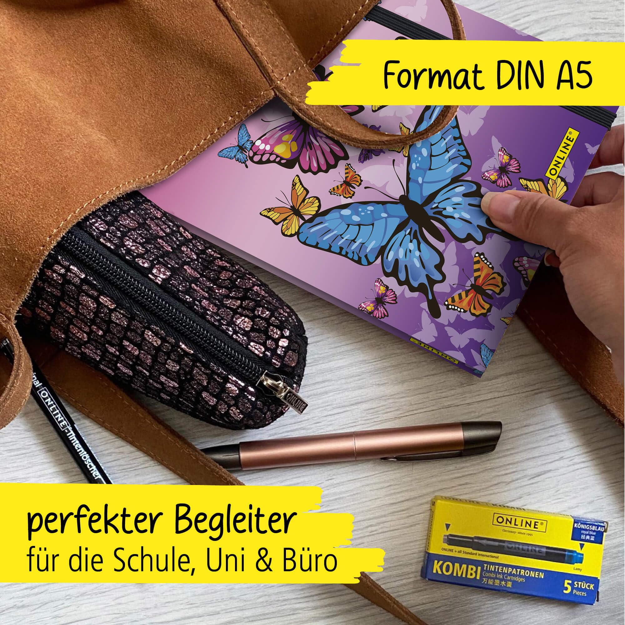 Online Bullet Journal Butterfly Dotted A5 z gumową taśmą, papier FSC, 120 g/m², 144 strony wewnętrzne, notes w kropki, z miękką okładką, dziennik do notatek, szkiców, list