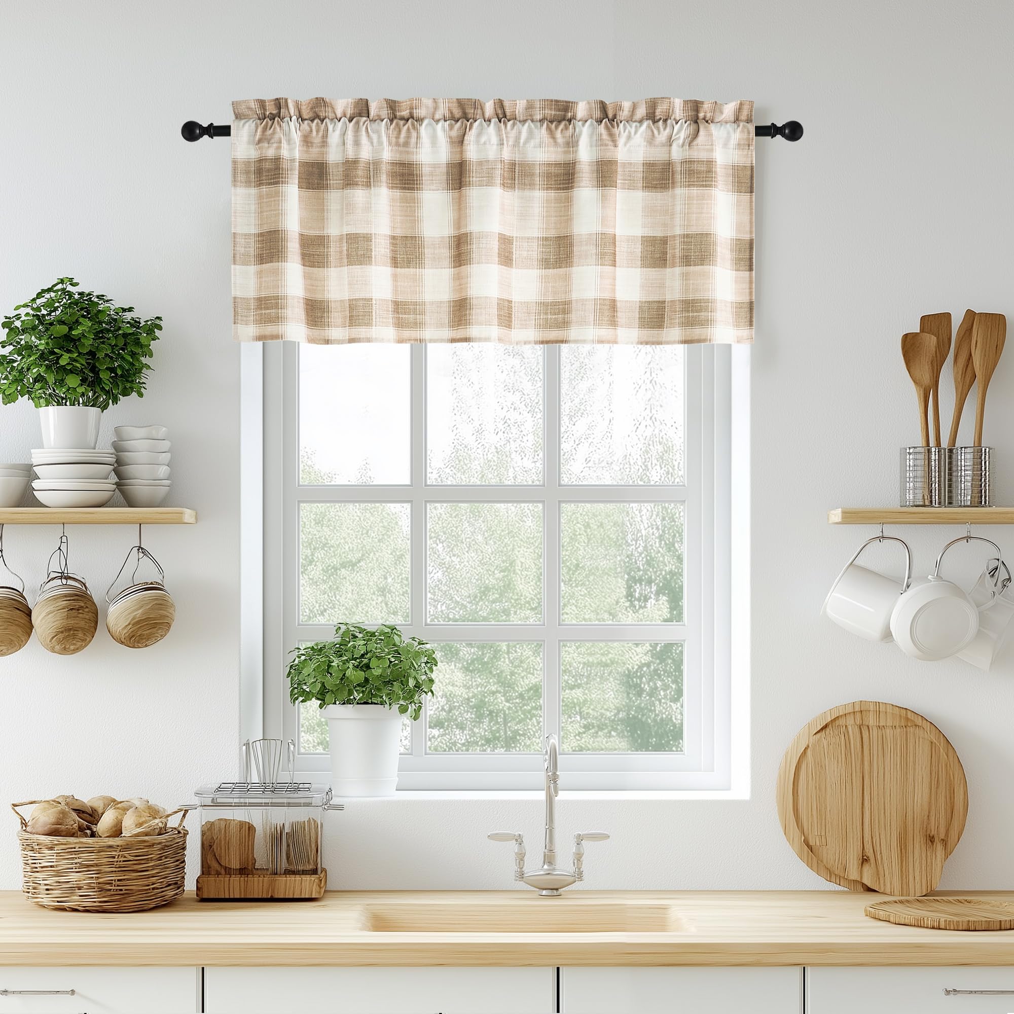 PONY DANCE Gardine Kurz Scheibengardinen mit Karo Gingham Braun Beige | 2 Stücke H45 x B130 cm, Leinenvorhang mit Stangendurchzug, für Küche, Halbtransparent, Lichtdurchlässige, Landhausstil