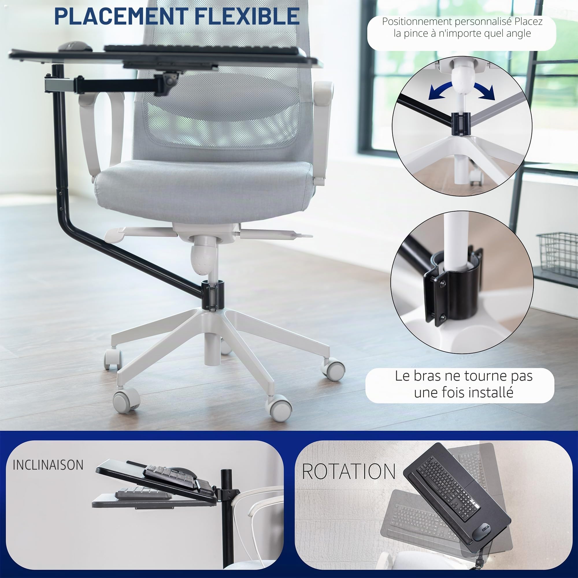 VIVO MOUNT-KB08C Plateau pour clavier et souris monté sur chaise de bureau 66 x 30,5 cm, inclinaison ergonomique, mouvement complet, rotation à 360 degrés, noir