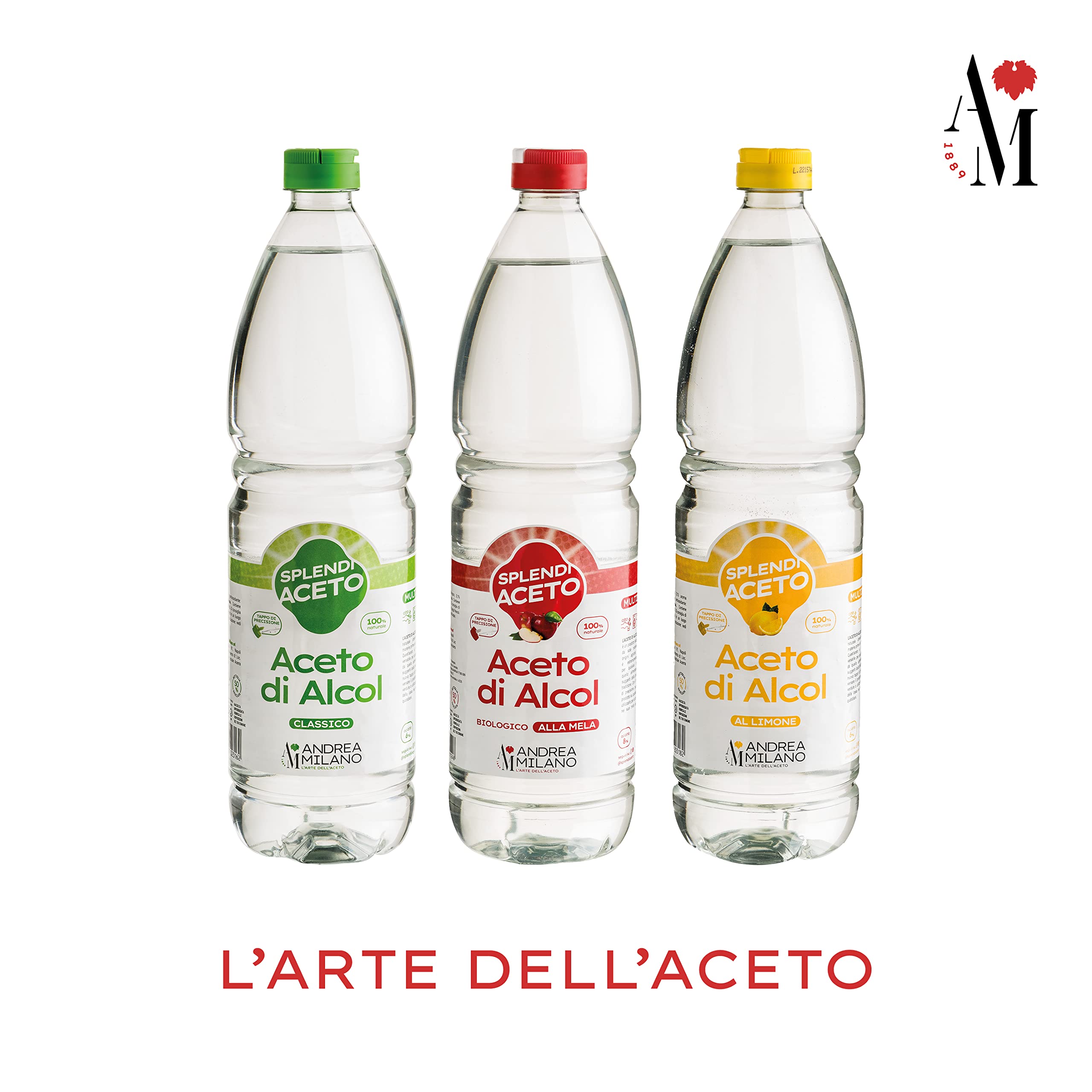 Andrea Milano, Splendi Aceto, Aceto di Alcool 100% Naturale Aromatizzato alla Mela, Acidità 8%, per Qualsiasi Impiego, Multiuso, Ideale per la Pulizia della la Casa, 12 Bottiglie PET da 1 L
