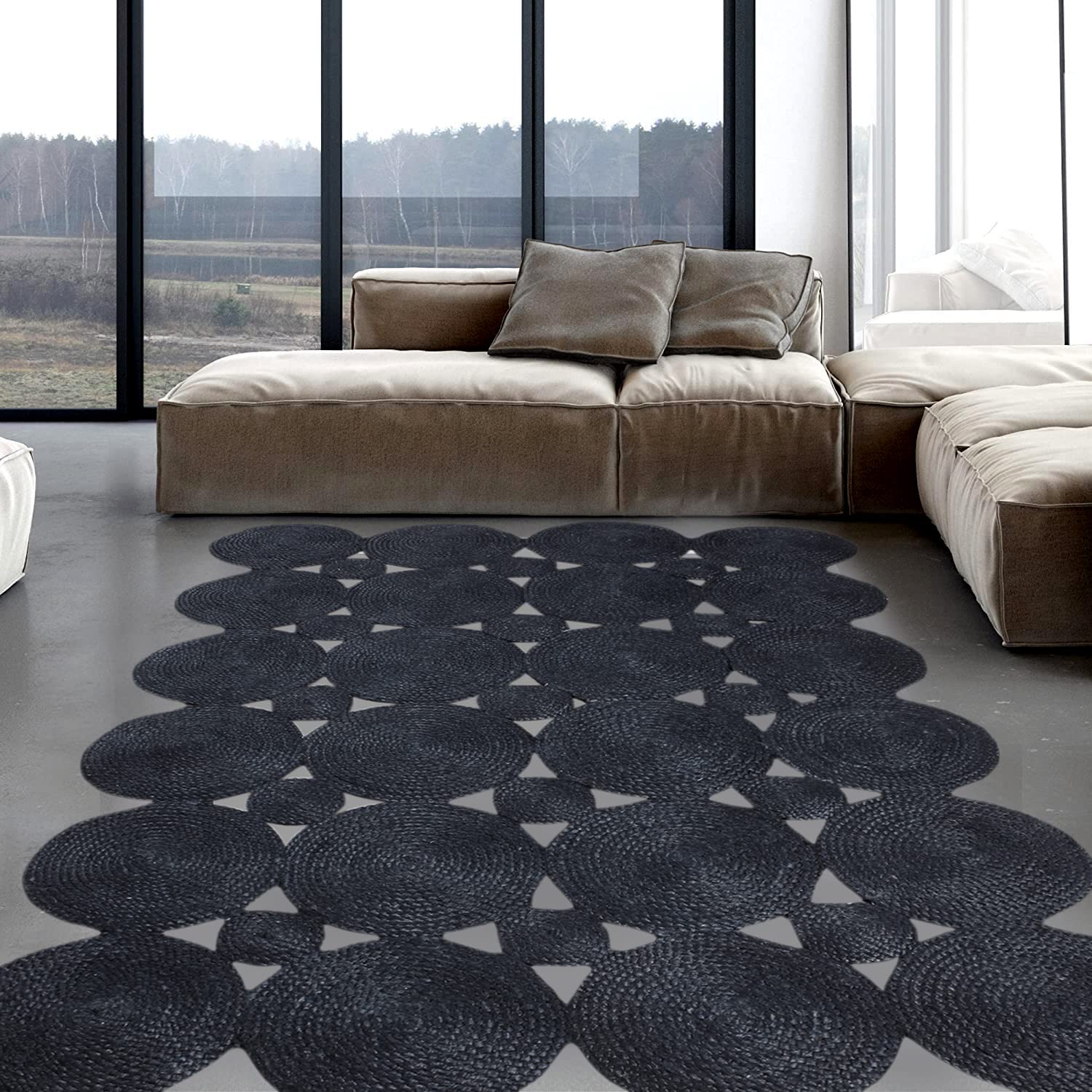 CASAVANI Alfombras indias hechas a mano de yute geométricas negras trenzadas a mano para puerta, puerta, sala de estar, pasillo, dormitorio, entrada, granja, 10 x 14 pies