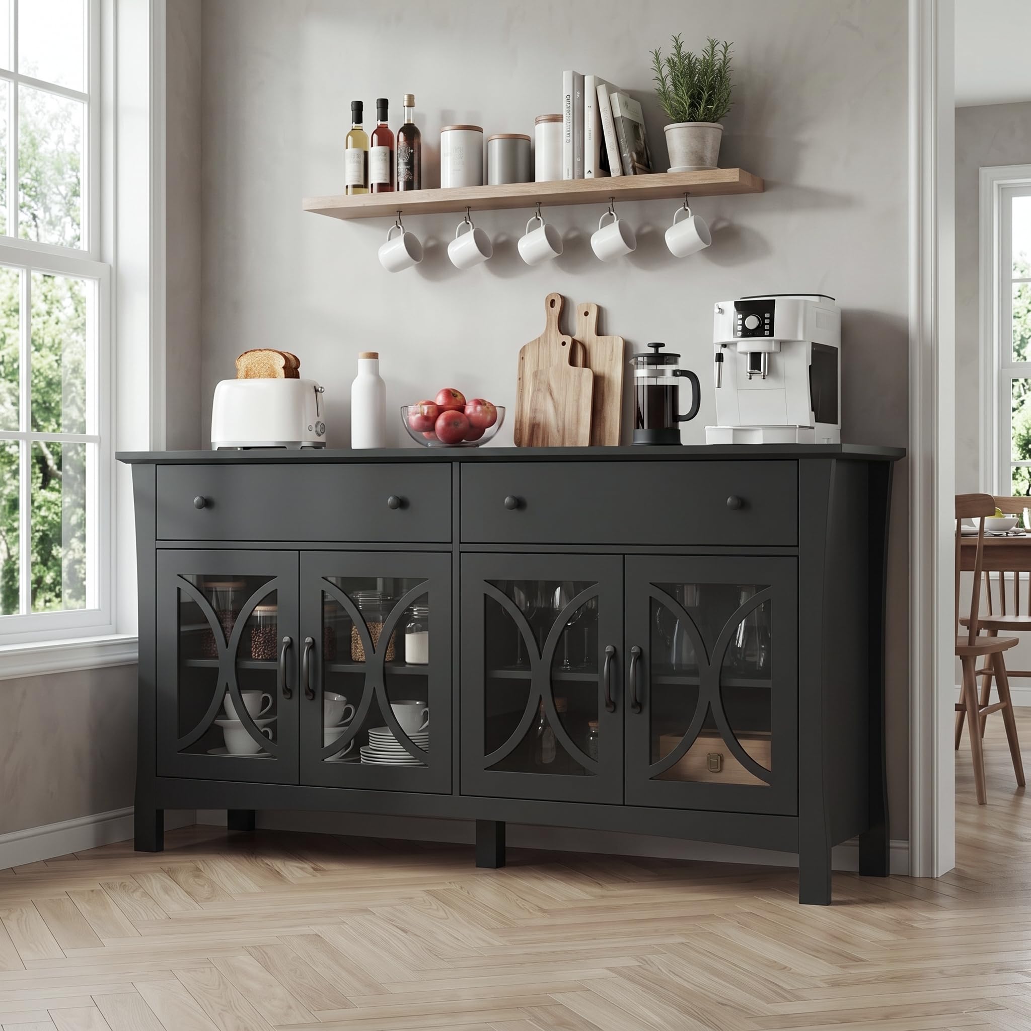 Modern Black Sideboard with Glass Doors,140cm Storage Cabinet with Drawers