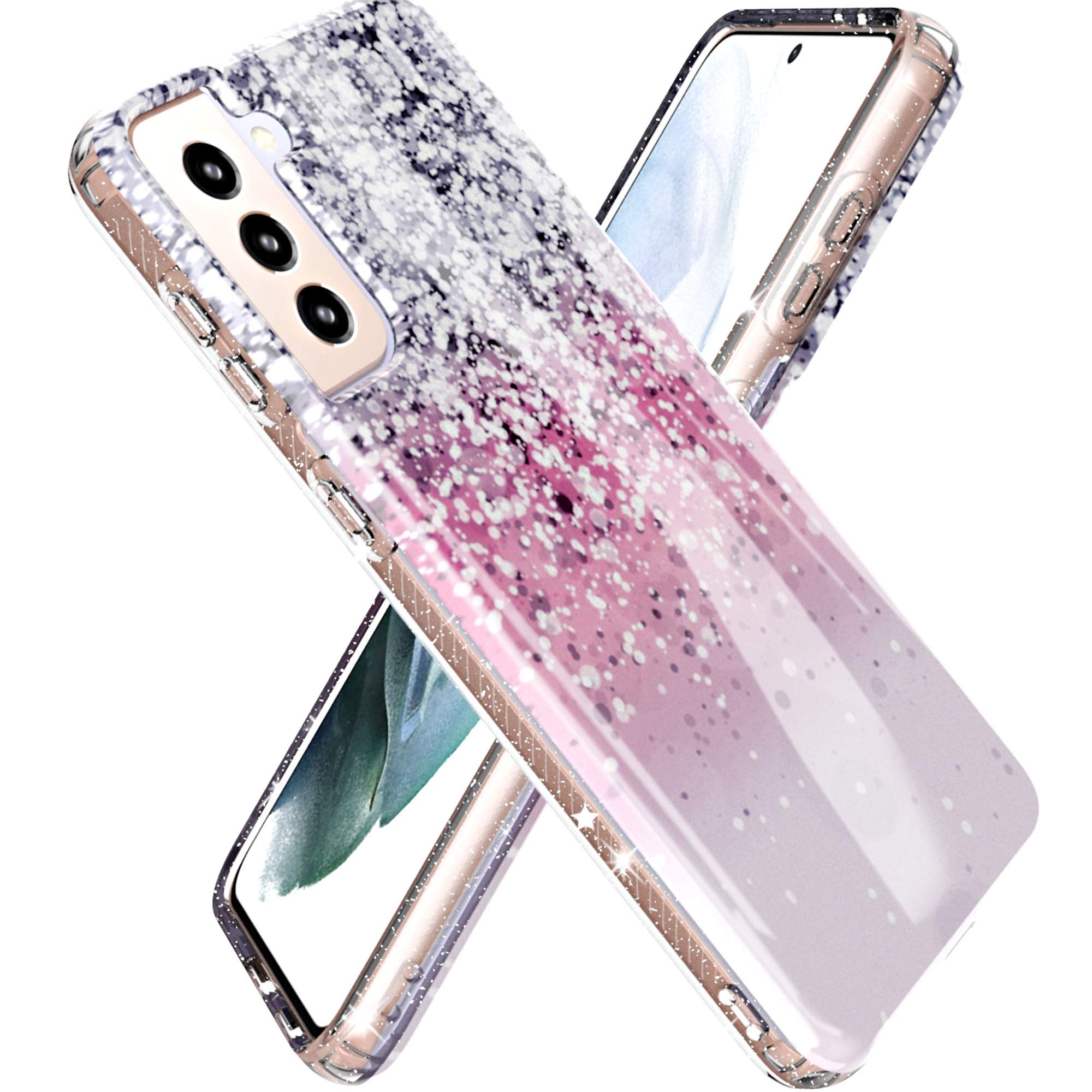 WALAGO Galaxy S21 Plus Case, Slim Clear Case Cute Glitter Bling Sparkly for Women Girls Drop Shockproof Protective Phone Cover for Galaxy S21+ Plus 6.7 inch 2021 - Pink Glitter