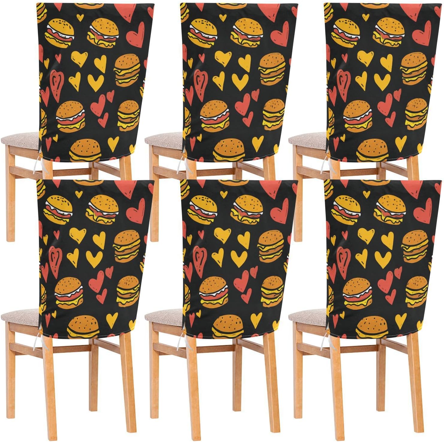 ALAZA Vintage Hearts Hamburgers Chair Back Cover Set of 6, Washable Reusable Removable Chair Slipcovers Decorative Chair Cover for Home Kitchen Wedding Party