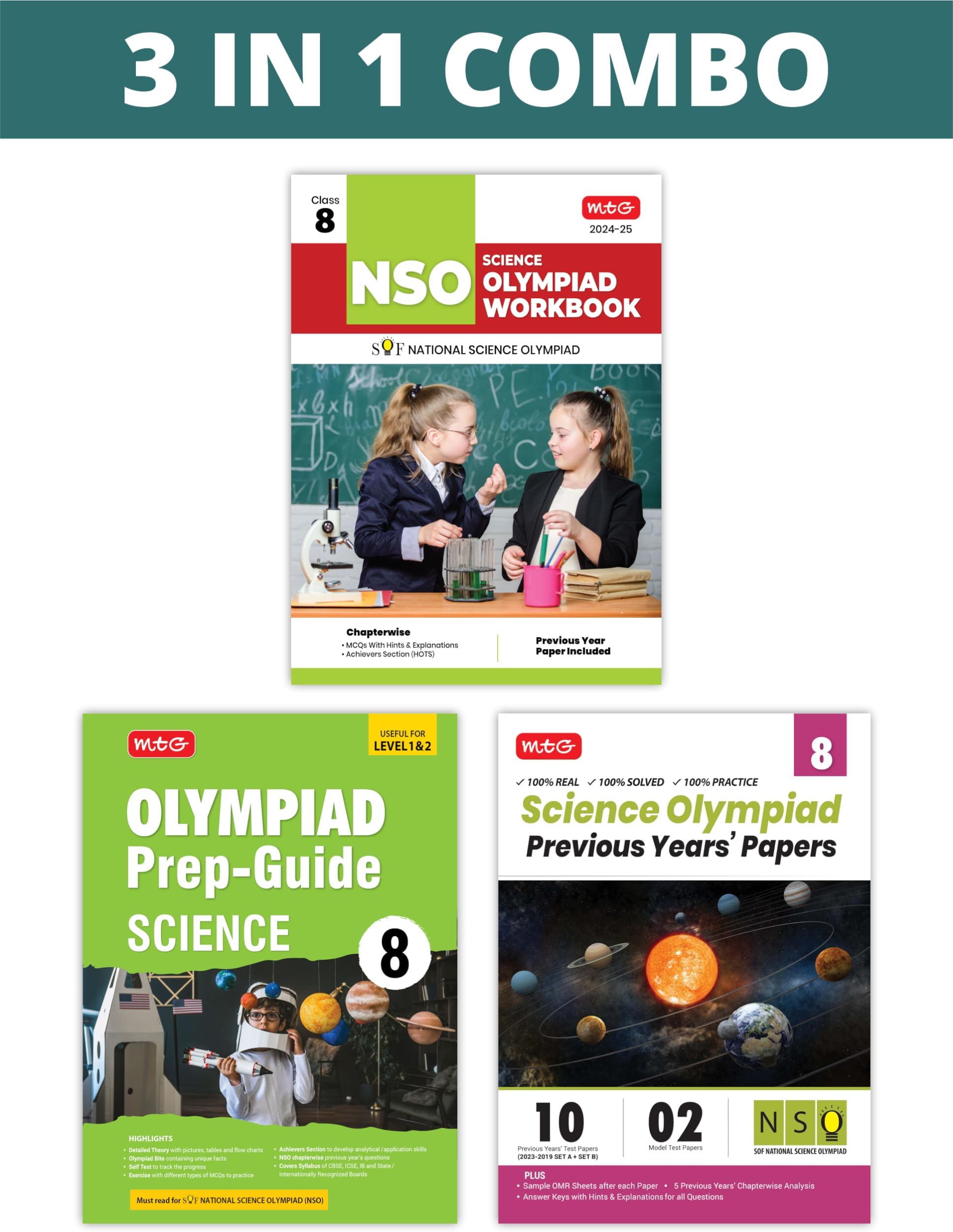 MTG National Science Olympiad (NSO) Workbook, Prep-Guide & Previous Years Papers (PYQs) with Mock Test Paper Class 8 - SOF Olympiad Books For 2024-25 Exam (Set of 3 Books)