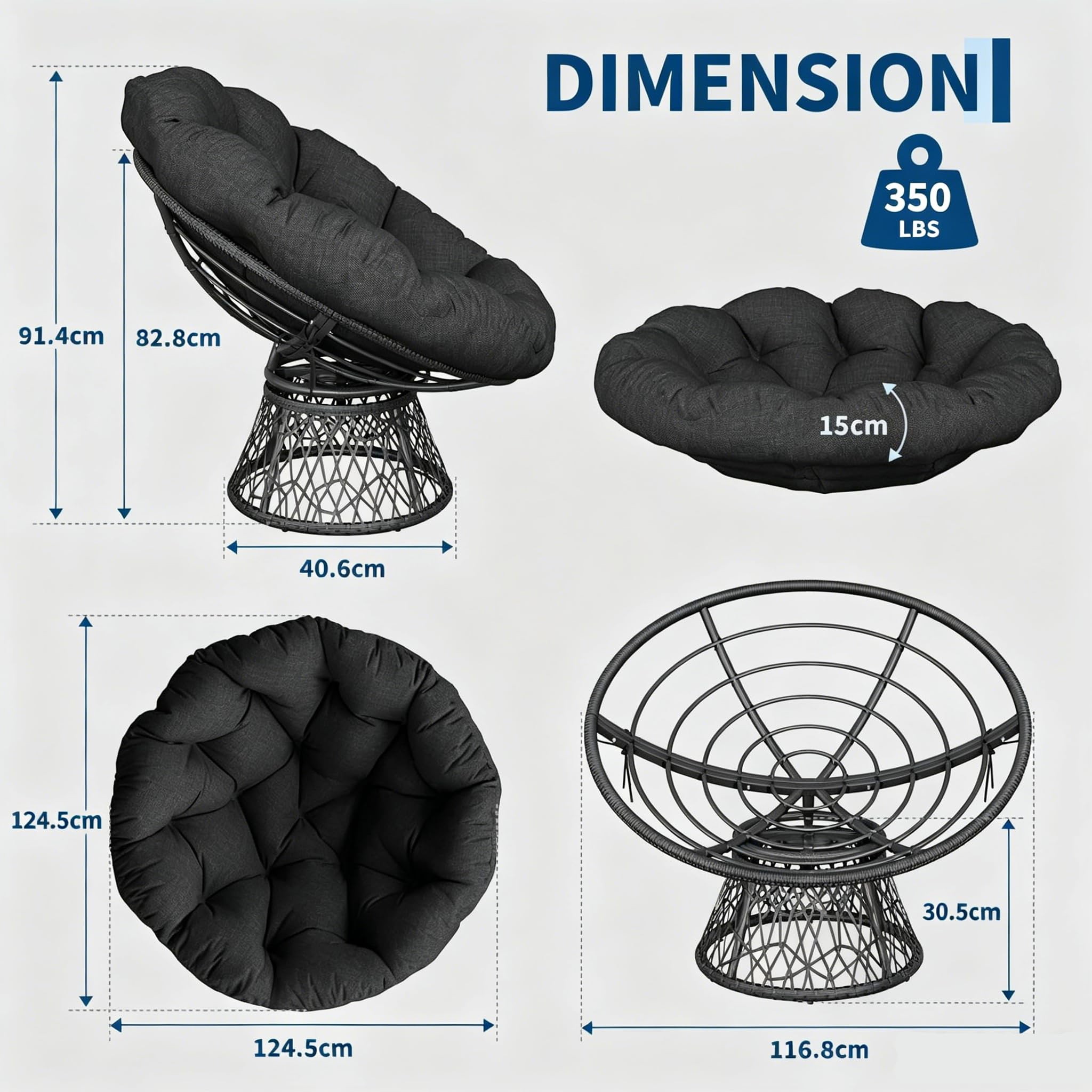 Silla giratoria Papasan soporta hasta 350 LBS, sillón redondo de 360 ° con acolchado extra grueso y cojín resistente a la intemperie, aspecto de ratán, para interior y exterior, salón, balcón
