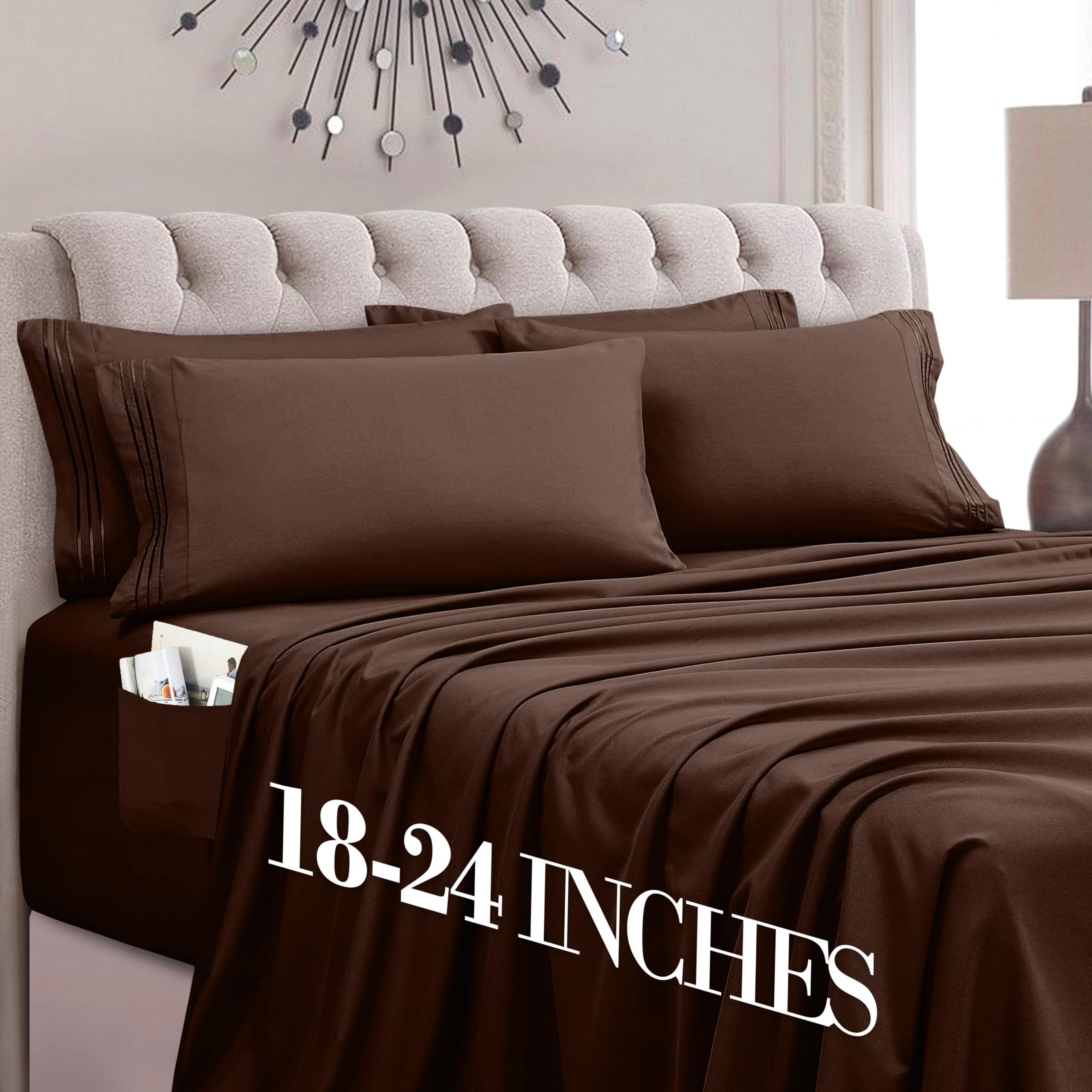 Mocassi Luxury 6-Piece Sheet Set, Ultra Soft 1800 Premium Hotel Quality Microfiber Sheet Set, Fits Mattresses Up to 18 to 24 Inches Extra Deep Pocket - Breathable and Secure Fit, King, Brown
