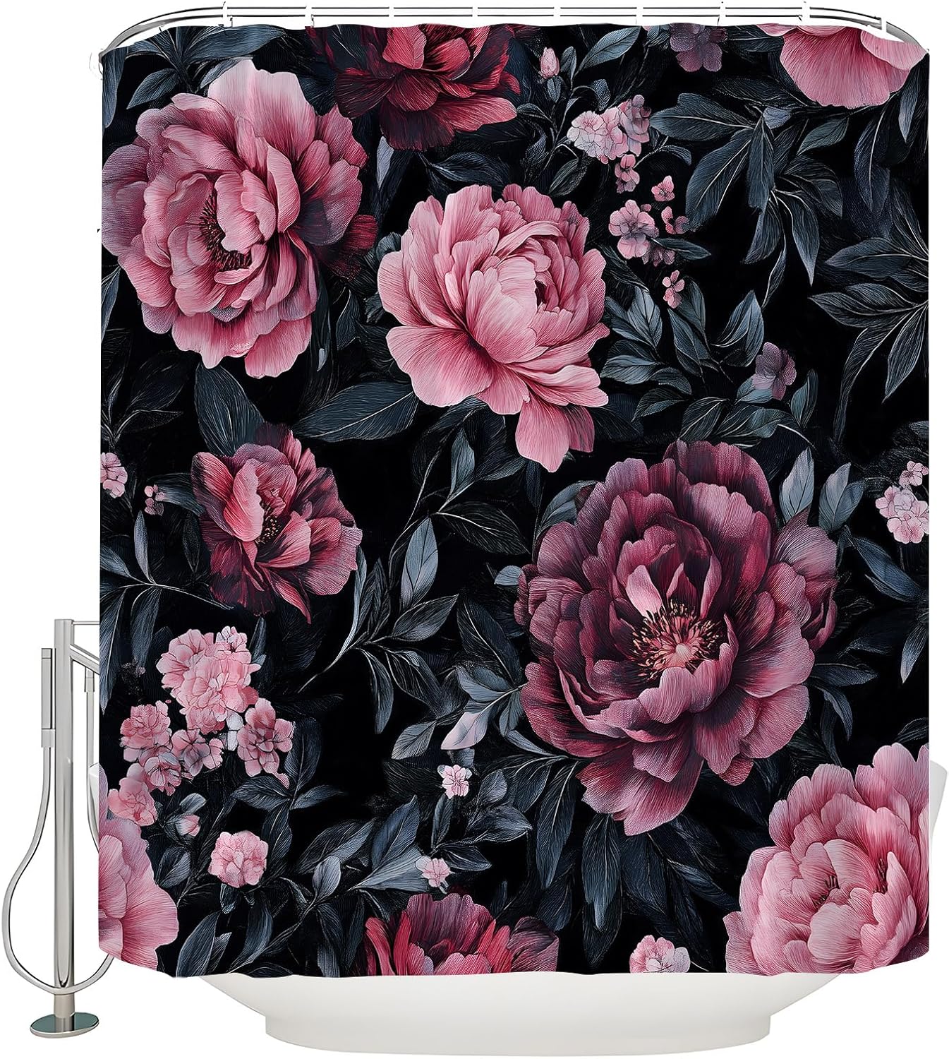 Black Floral Shower Curtain Vintage Boho Retro Rose Peony Botanical Rustic Flower Leaves Watercolor Spring Plant Decor Bathroom Curtain Set with Hook