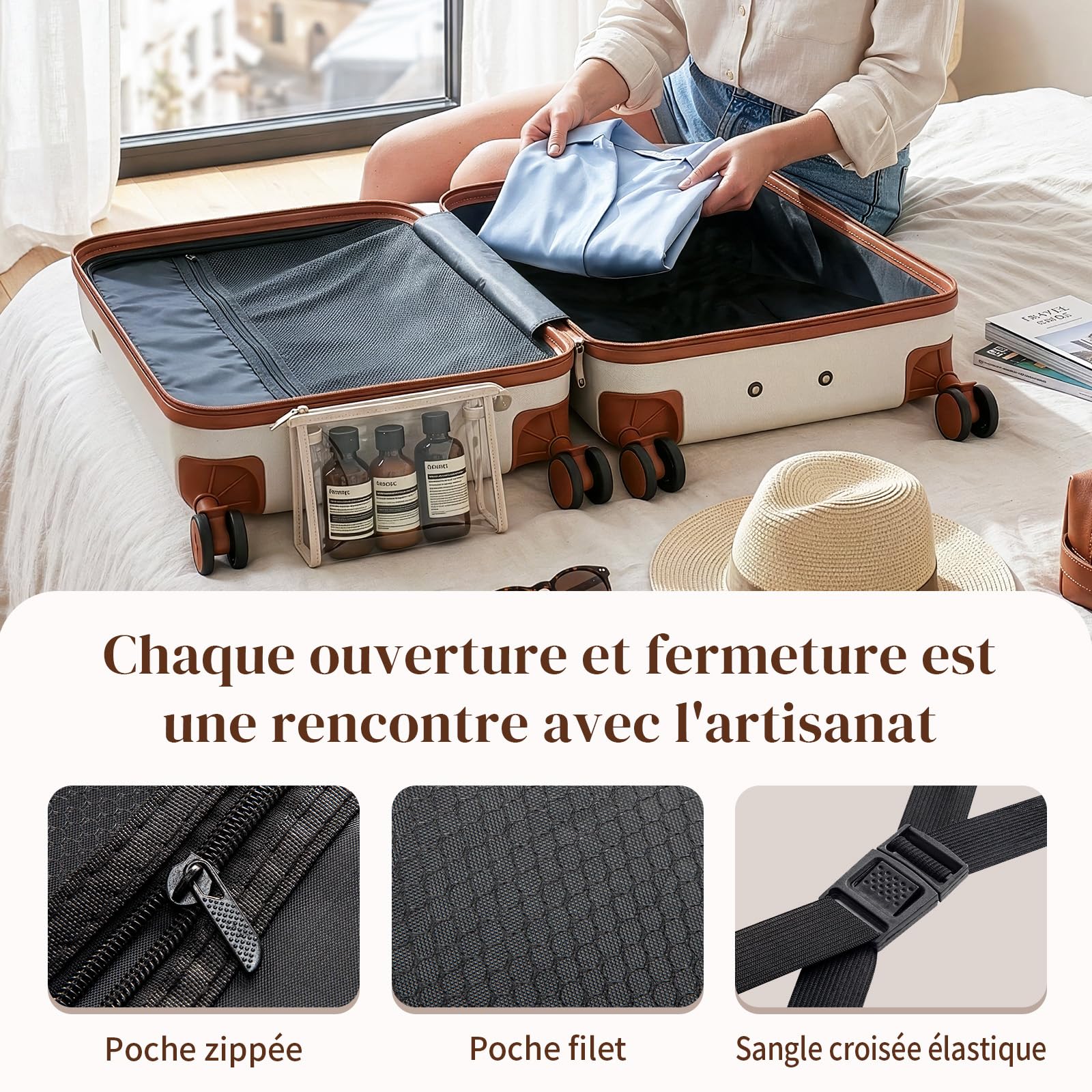LEADZM Set de 4 Valises de Voyage, Valise Grande Taille & Cabine, Valise Soute Ridide en ABS, Bagages Cabine avec roulettes Pivotantes 360° et Cadenas (Beige-Brun)
