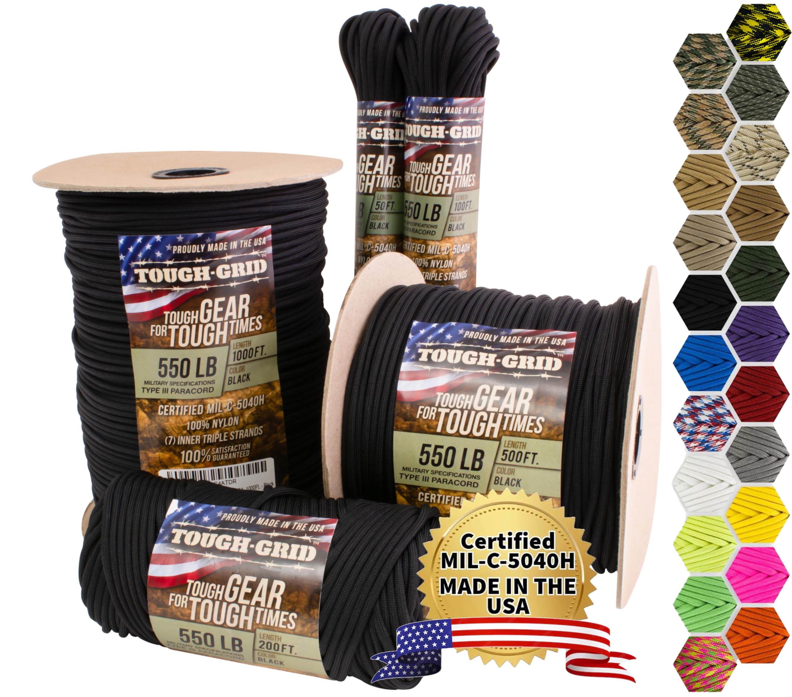 TOUGH-GRID Paracord Rope 550 lbs Nylon Parachute Cord, Made in USA Survival Kit, Outdoor Adventures, Camping, Tactical Gear & Emergency Supplies, Military Type III Mil-Spec