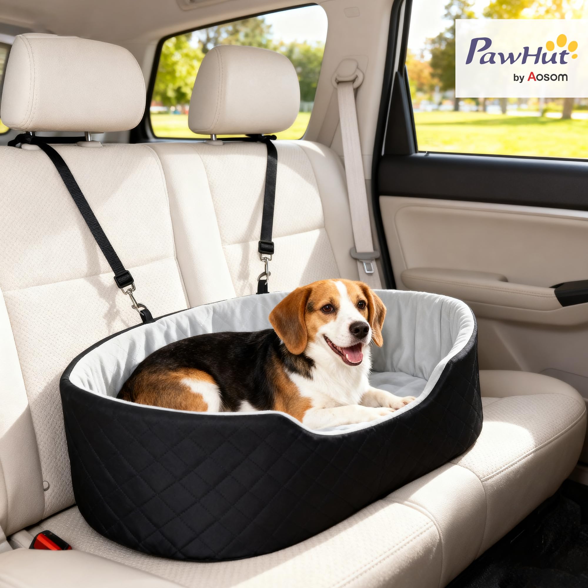 PawHut Asiento de Coche para Perros Pequeños y Medianos, Asiento de Coche para Mascotas hasta 15 kg, Cama de Viaje con Cinturón de Seguridad, Base Antideslizante y Funda Desmontable Lavable