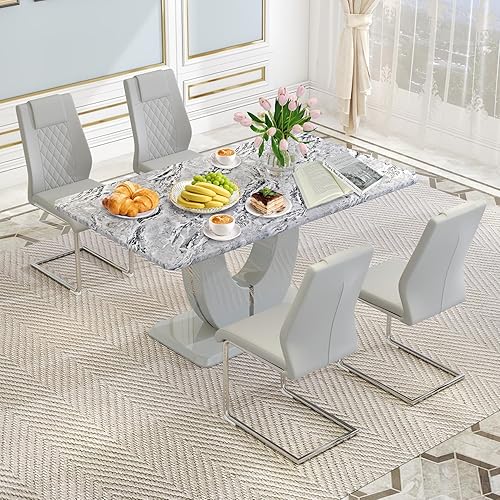 Miniatura 9 de JUFU Juego de 4 mesas de comedor modernas para 4, juego de mesa de comedor de mármol sintético gris para 4, 63 sillas rectangulares de mesa