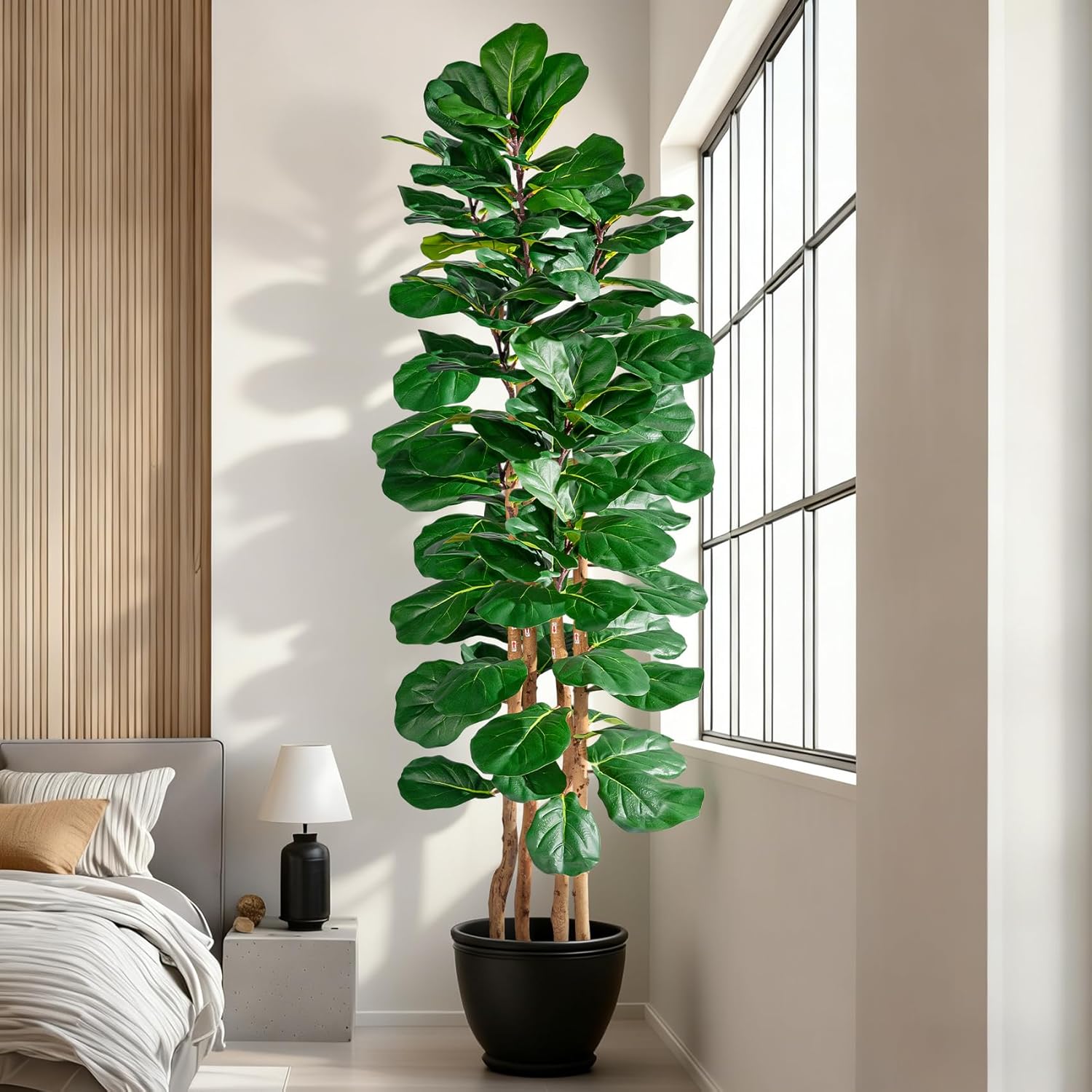 Artificial Fiddle Leaf Fig Tree 6FT, Faux Fig Tree Indoor with Natural Wood Trunk & Realistic Leaves with Moss Pot Fake Ficus Tree Large Faux Floor Plant for Living Room Home Decor, House Plant