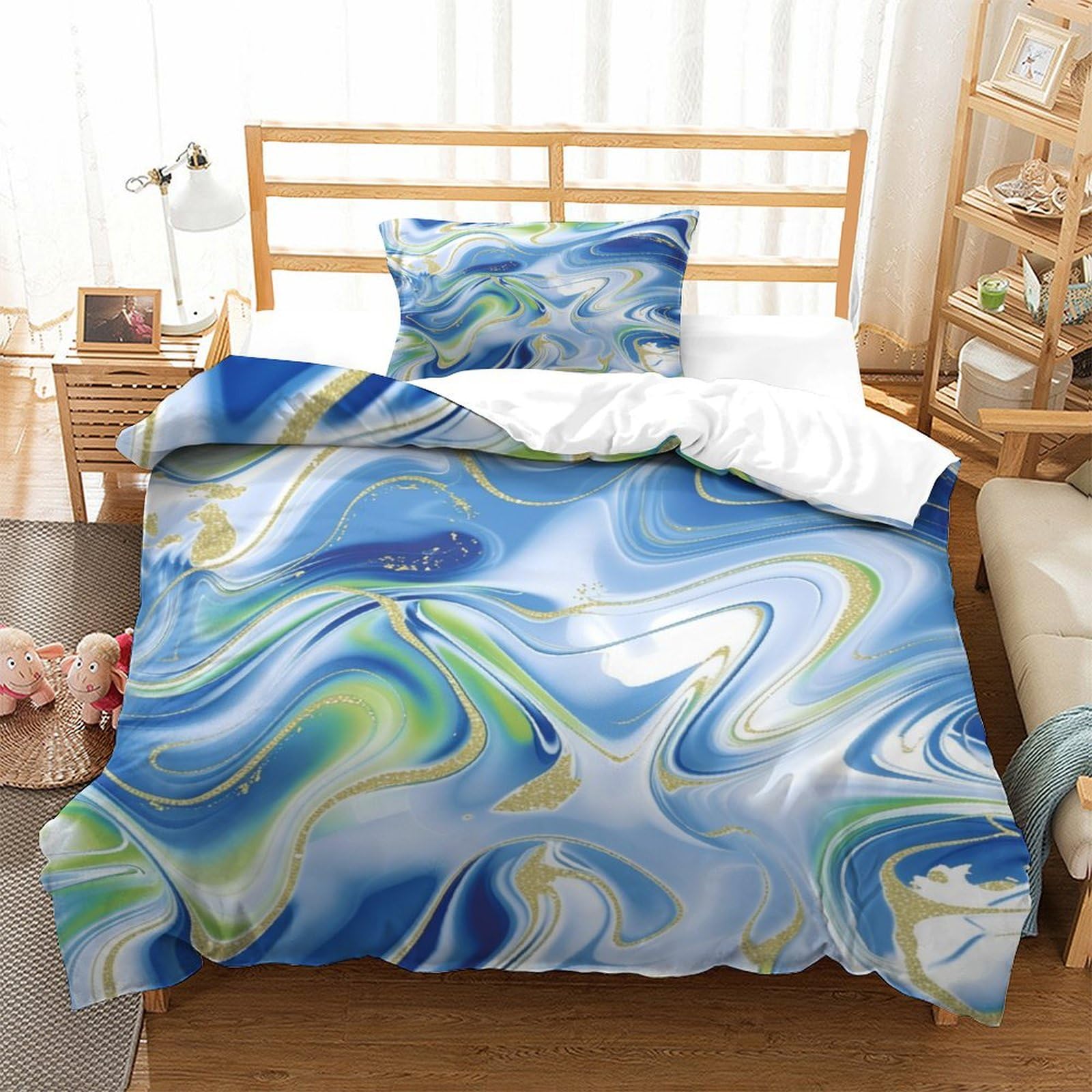 P1S9U7W5Y 3D Printed Abstract Blue Marble Duvet Cover Set 3pcs Microfiber Artistic Bedding Set Single（135x200cm）