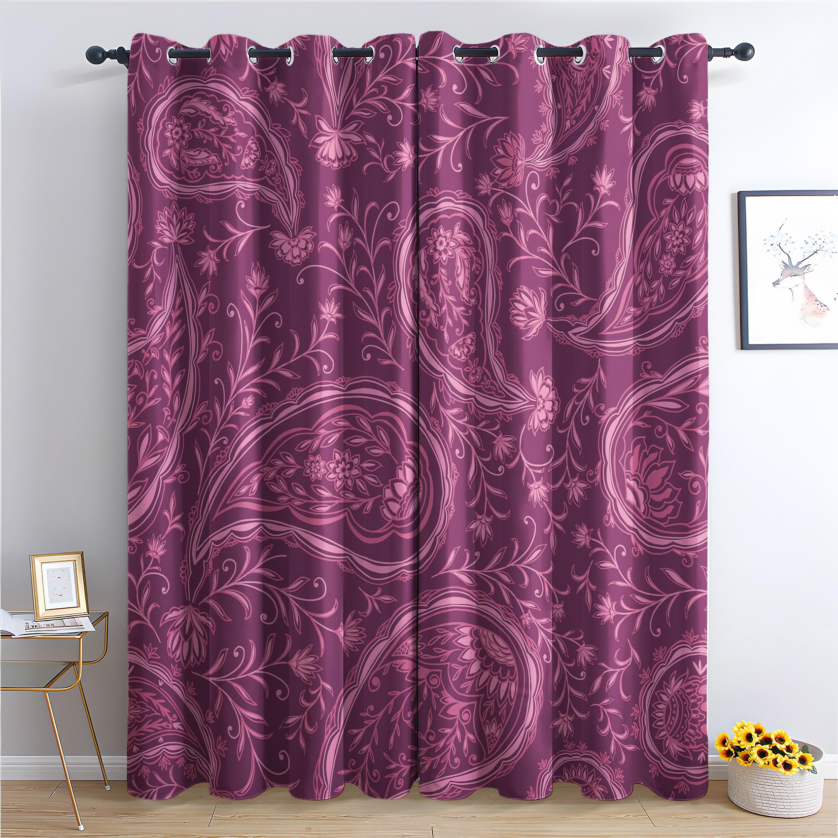 Zcwl Multicoloured Paisley Curtains For Bedroom Living Room, Plum Patterned Blackout Curtains, Thermal Insulated Eyelet Curtain, 54 Drop Window Treatments Drapes, 46X54 Inch (W X L), 2 Panels