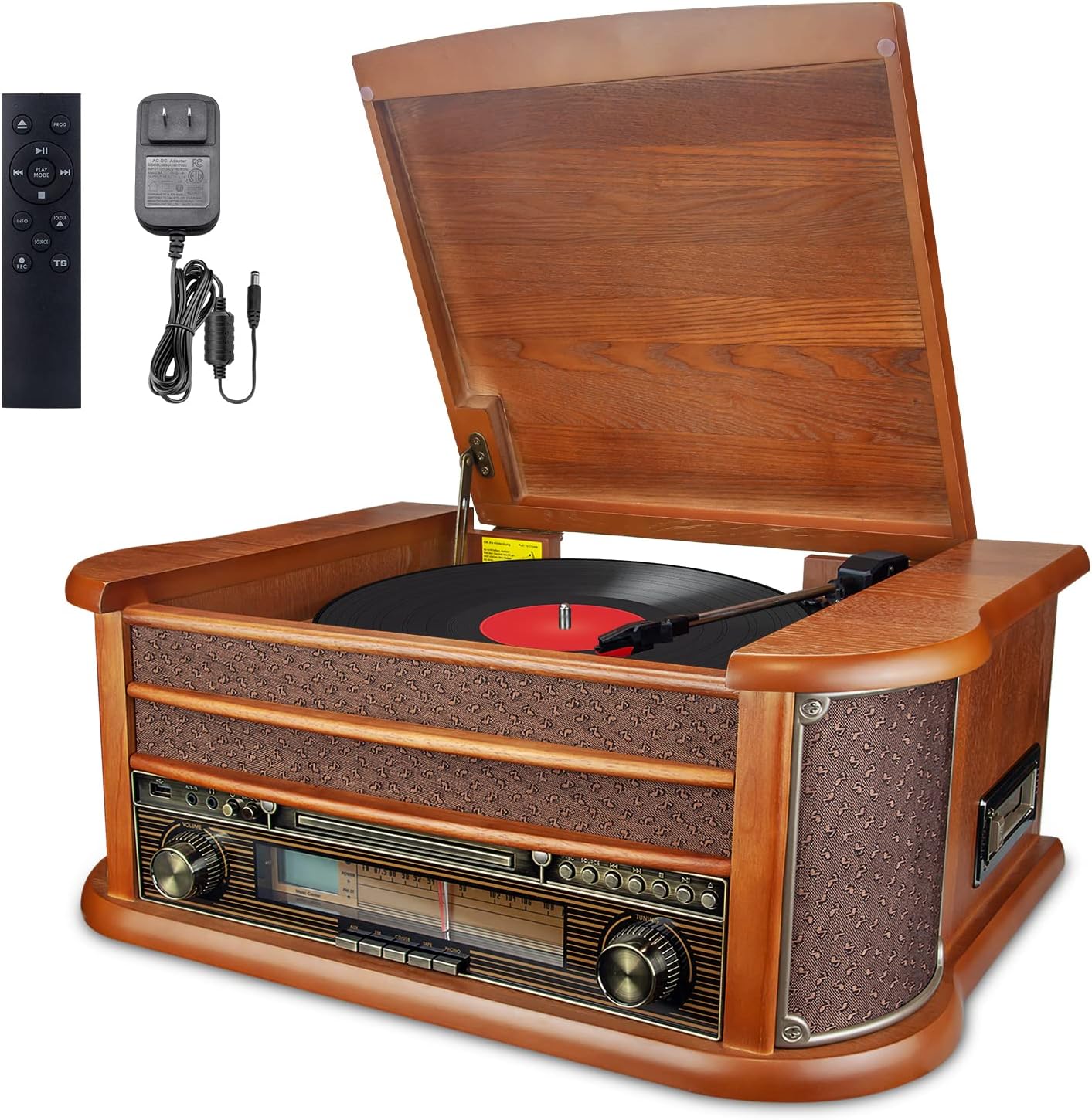 BIGMONAT All-in-One Record Player with Built-in Speakers Wireless Playback，3 Speeds Turntable Vinyl Record Player Mahogany,Vinyl Record Player with Cassette Tape/CD, FM Radio, USB, SD,AUX-in