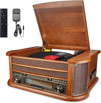 BIGMONAT All-in-One Record Player with Built-in Speakers Wireless Playback,3 Speeds Turntable Vinyl Record Player Mahogany,Vinyl Record Player with Cassette Tape/CD, FM Radio, USB, SD,AUX-in