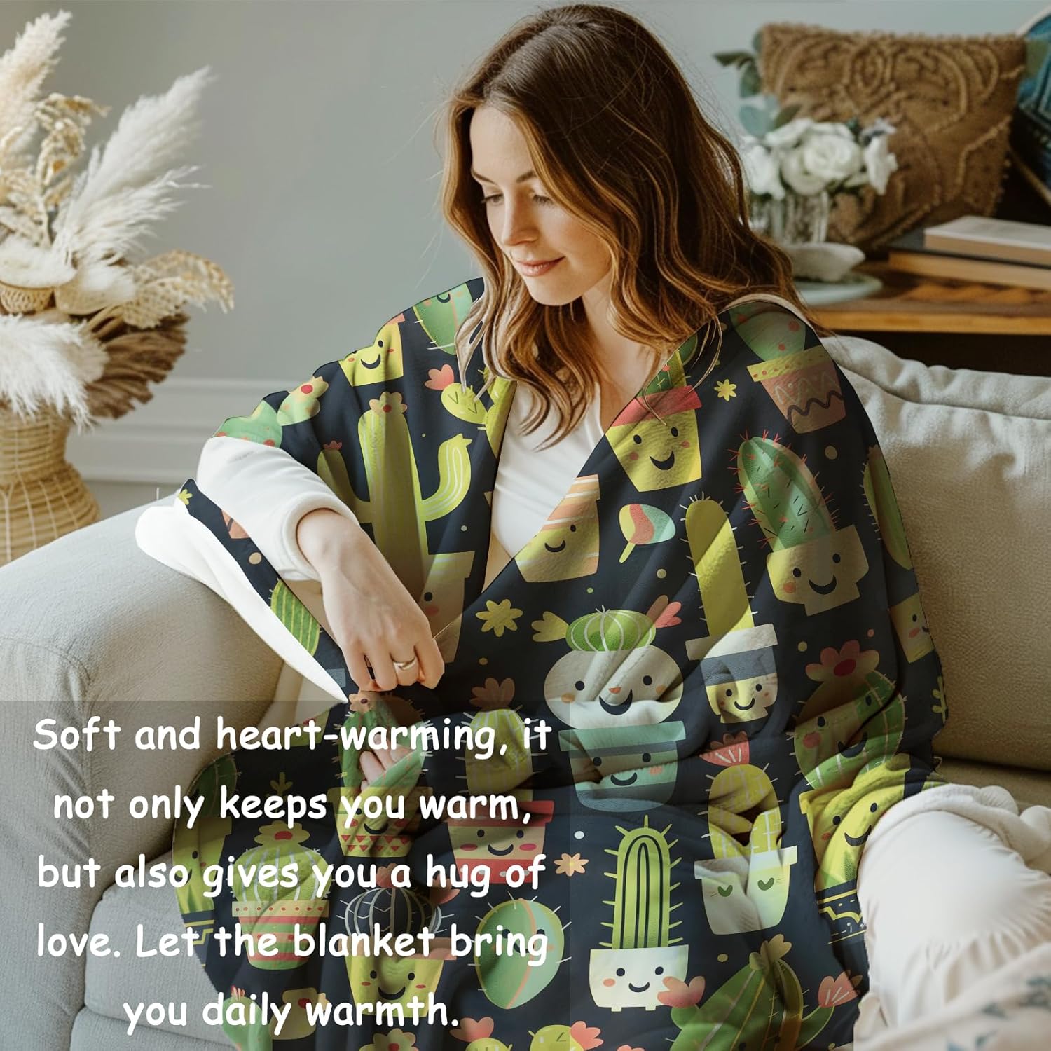 Cute Cactus Fleece Blanket Gifts for Kids and Adults, Adorable Plant Cozy Throw Blankets, Soft Warm Plush Cactus Blanket for Home Decor, 50x60 inches - Image 6