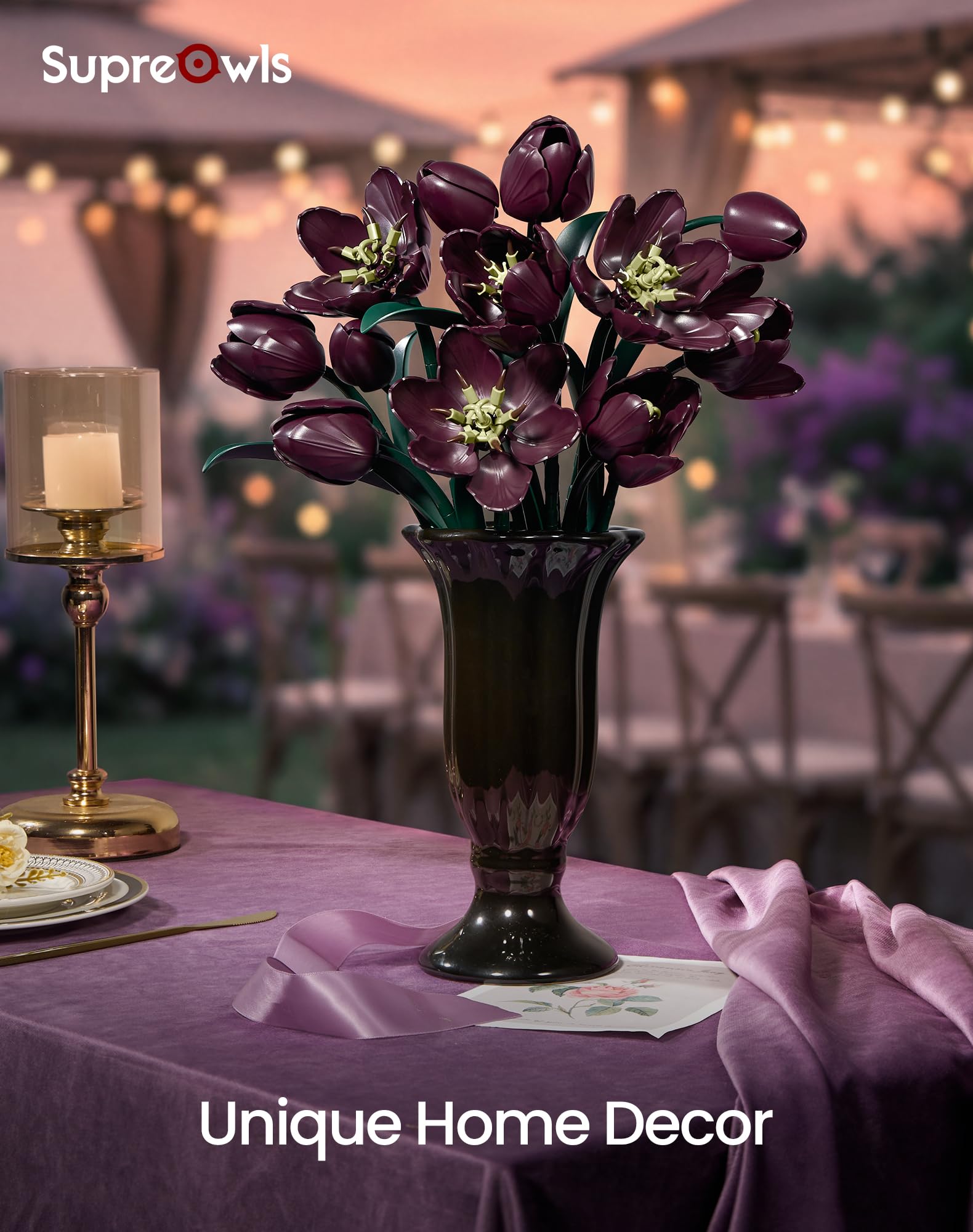 Juego de construcción de flores de tulipán morado oscuro, regalo para el día de la madre, ramo de plantas artificiales, colección botánica, kit de construcción, bloques de decoración de mesa