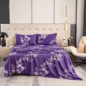 Bedlifes King Size Extra Deep Pocket Sheet Sets - Fits Mattresses Up to 18-24" Thick, 4-Piece Microfiber Set with 1800 Thread Count, Soft, Smooth, Breathable, Featuring Dark Purple Floral