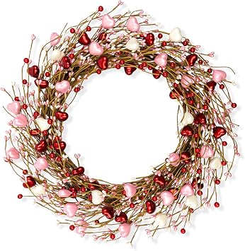 LLZLL Pearlescent Valentines Wreath 20 Inch Valentines Day Wreaths for Front Door Artificial Berry Wreath with Red White and Pink Heart Shaped Berries for Valentines Day Anniversary Wedding