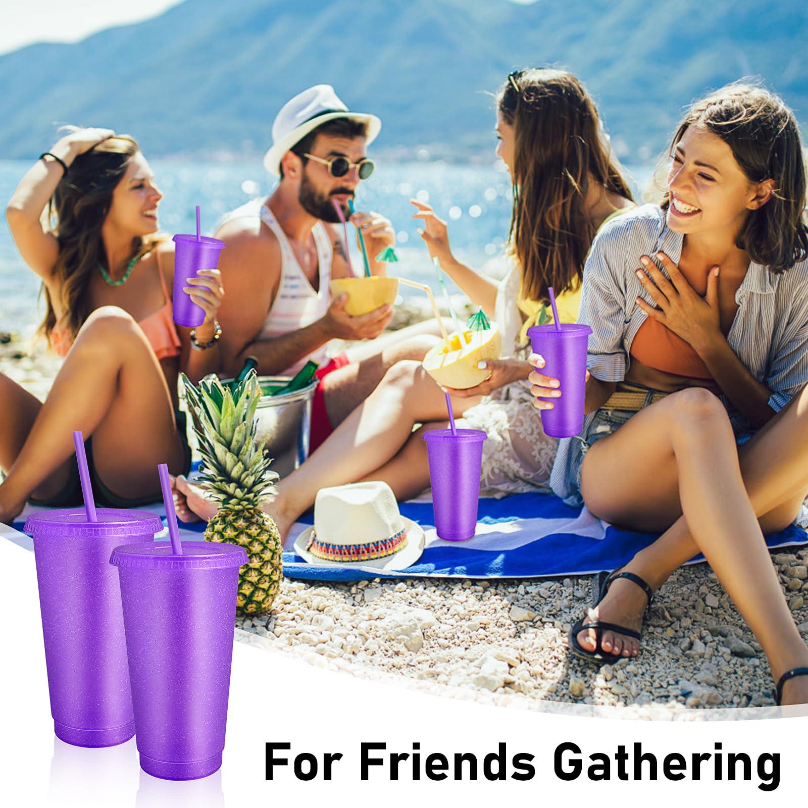 Lot de 24 gobelets réutilisables avec couvercles et pailles, gobelets de voyage en plastique pailleté pour smoothie, jus de fruits, anniversaire, soirée pyjama, fête (violet)