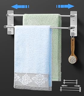 Mivcinn Towel Rail Wall Mounted (37-70CM) 14.6-27.6inch SUS304 Stainless Steel Towel Holders Self Adhesive 2-Tier Towel Rack with 2 Hooks Towel Shelf Bar Adjustable Towel Rack for Bathroom Kitchen