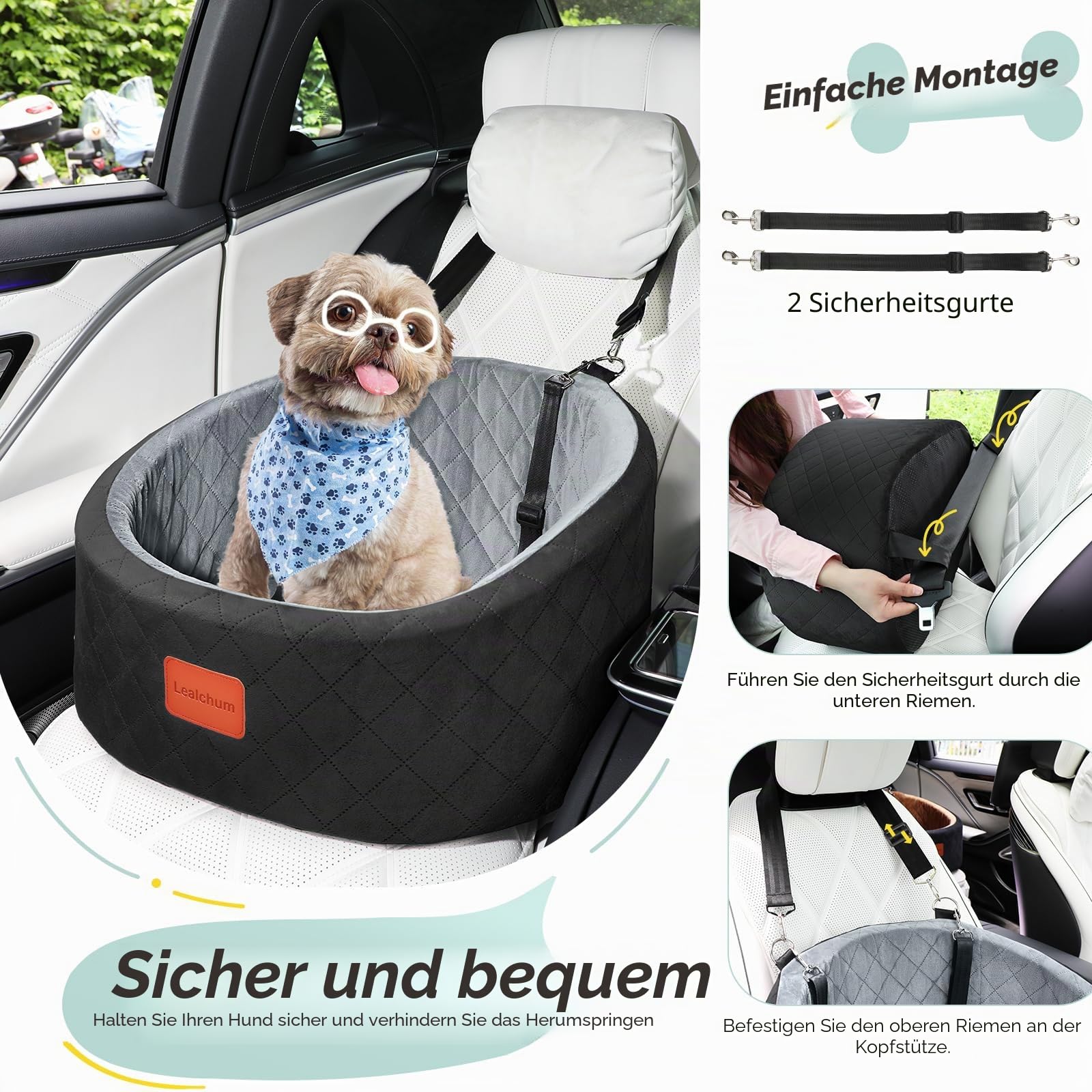 Lealchum Hunde-Autositz, bequemer Haustier-Autositz mit Sicherheitsleinen zum Anklippen, waschbares Reise-Autobett mit Rutschfester Unterseite (Black/Grey, Small)