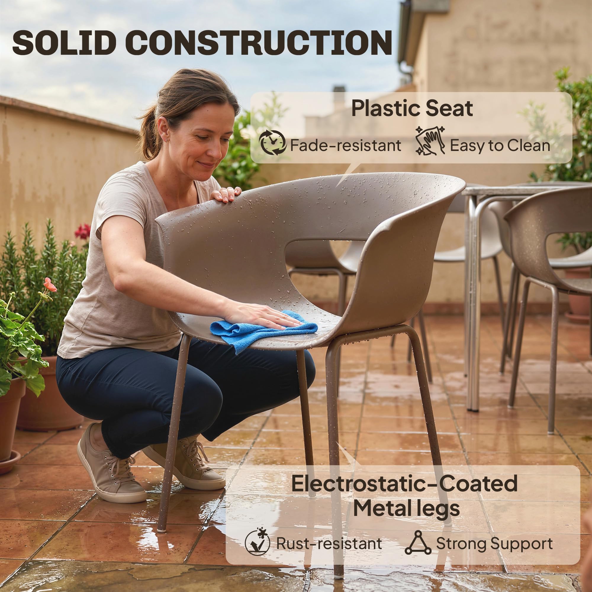 Outsunny Krzesła ogrodowe 4 szt. ergonomiczne podłokietniki 120kg kawowy | Krzesła balkonowe, design z wycięciami, odporne na warunki, odporne na rdzę, krzesła outdoor, tarasowe, balkon, taras
