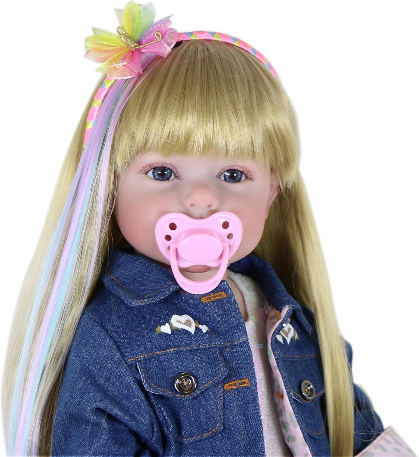 Rainbow Dreams Reborn Toddler Doll – 22” Lifelike Blonde Wig with Rainbow Highlights, Light Skin Tone, Denim Jacket & Pink Tutu Dress – Full Vinyl Body with Accessories – Ages 3+
