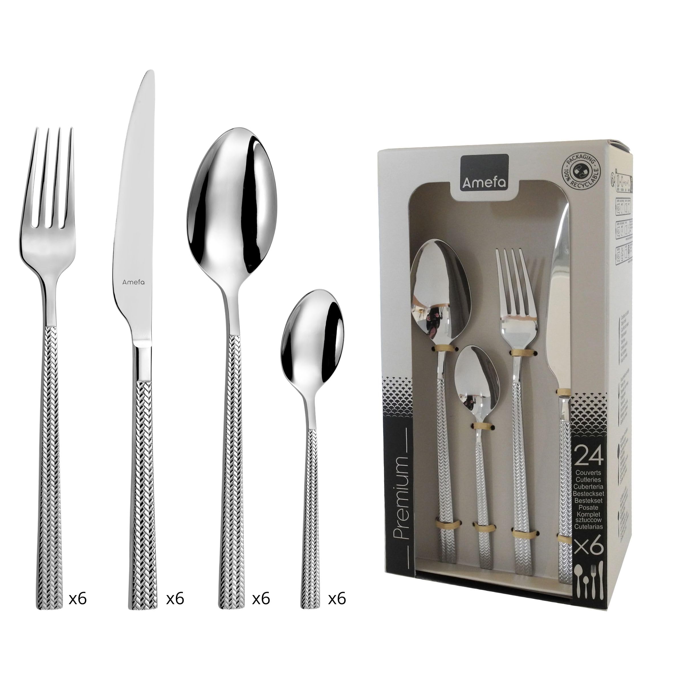 Amefa Chic - Cubertería, 24 cubiertos de mesa, para 6 personas, acero inoxidable 18/0, acabado brillo