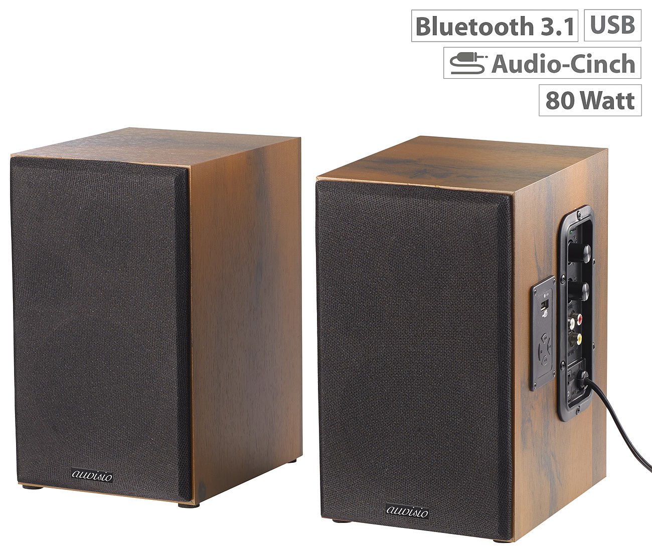 auvisio Lautsprecher Holzgehäuse: Aktives Stereo-Regallautsprecher-Set im Holz-Gehäuse mit Bluetooth (Lautsprecher Boxen Holz, Stereo, Lautsprecherkabel)
