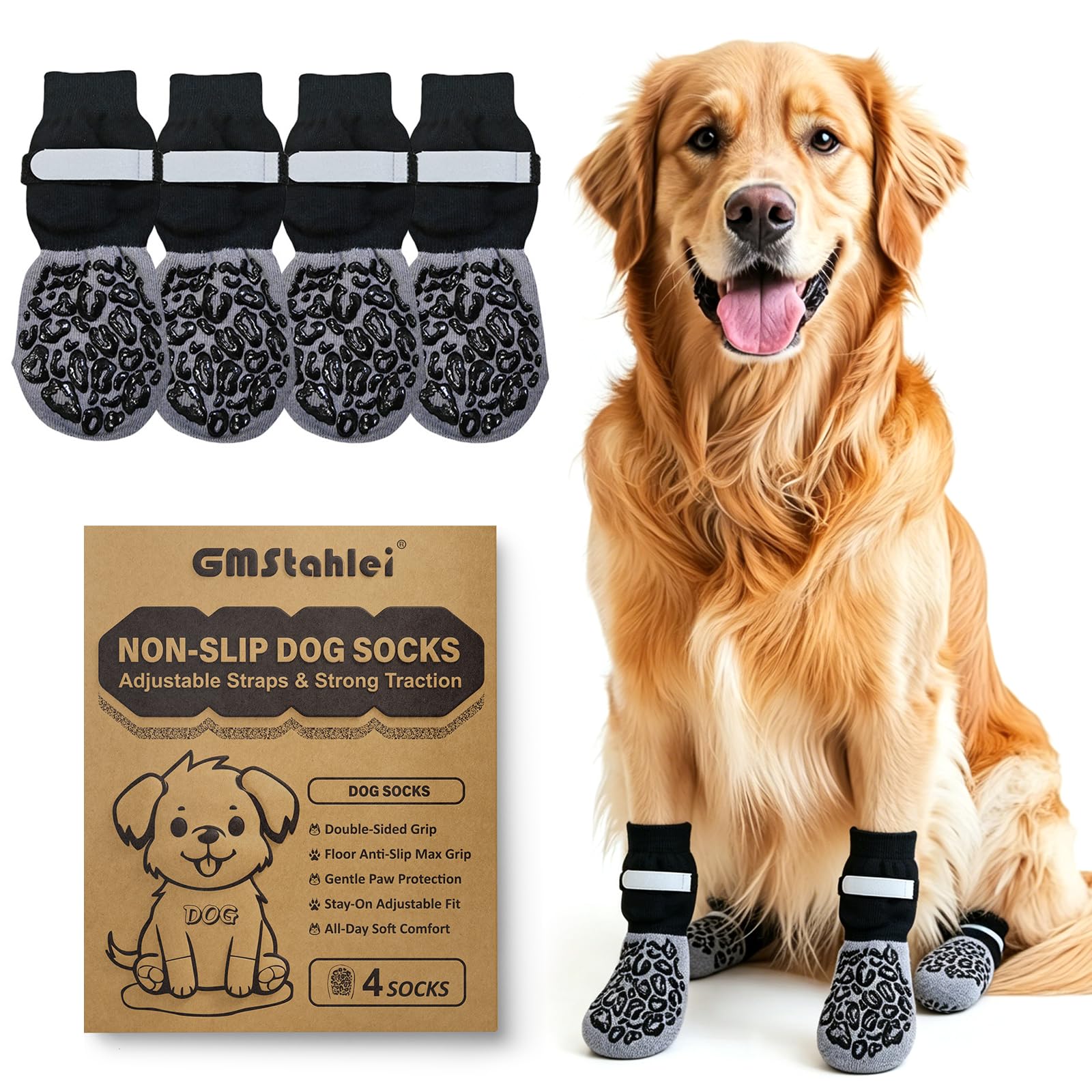 Chaussettes Antidérapantes pour Chien avec Double Adhérence & Sangle Ajustable - Lot de 4 pour Parquet et Carrelage, Anti-Glisse et Anti-Léchage, Protection des Pattes pour Chiens Âgés et Actifs (M)