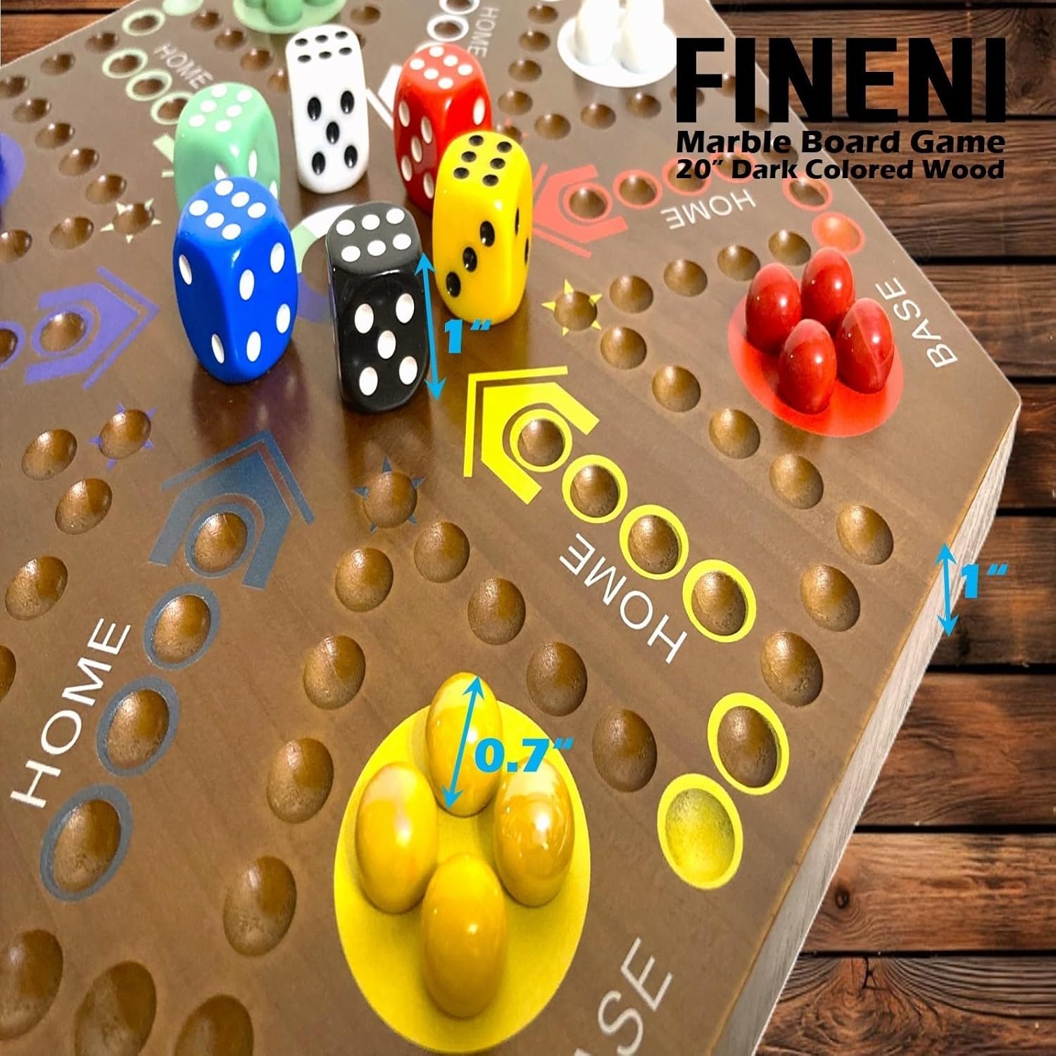 Wooden Board Games, Marble Board Game Original with Dual Sides Fast Track Board Game for 2 to 6 Players, Double Side Marble Game, 6 Colors 30 Marbles Set and 6 Color 6 Dice,Pouch (20" Dark)