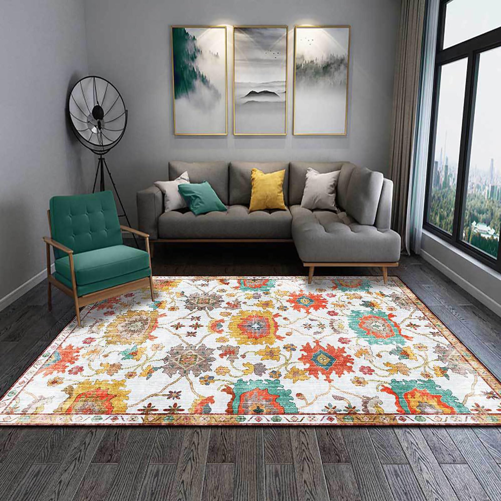 Tapis floral ethnique blanc 160 x 230 cm au style raffiné