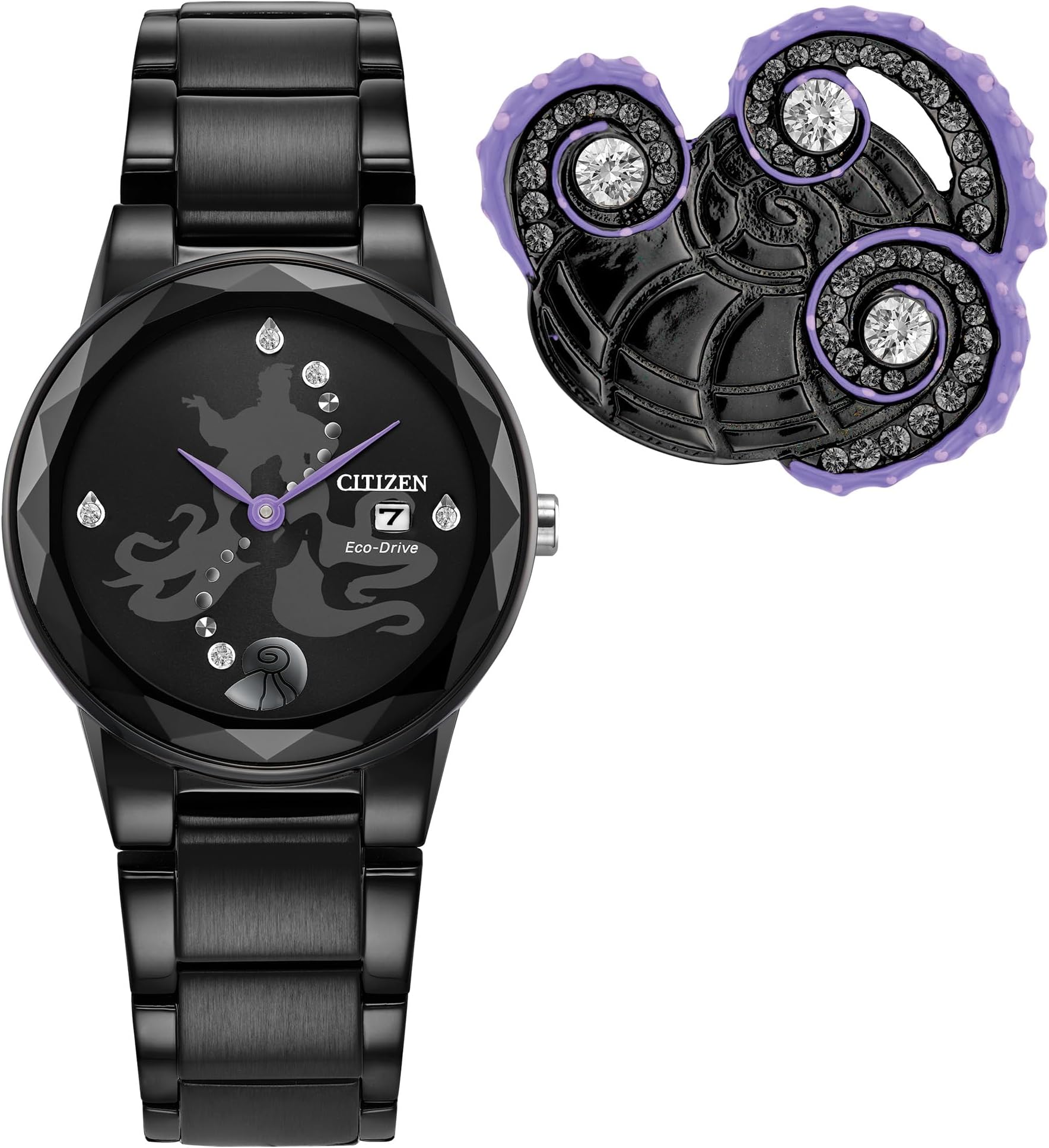 Women's Eco-Drive Disney Villian Ursula Crystal Watch and Pin Gift Set in Black Ion Plated Watch, Black Dial (Model: GA1075-68W)