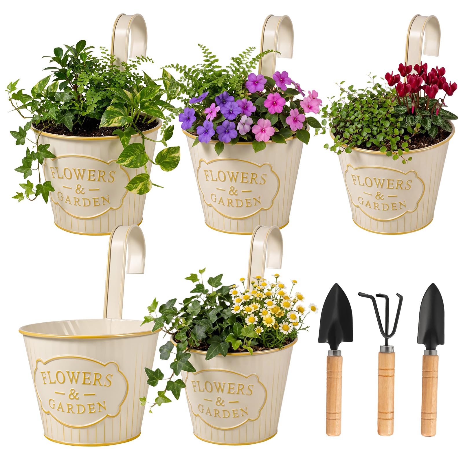 GWCYMYD 5 PCS Hanging Plant Pots, 13 x 10 cm Metal Iron Flower Vase Bucket with Drainage Hole & Gardening Tools, Balcony Garden Planter Basket & Detachable Handle for Fence Home Decor(Beige)
