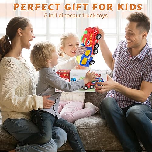 Miniatura 7 de Camión de dinosaurios de juguete para niños de 3 a 5 años, camión de dinosaurio con luces intermitentes, música y sonido de rugido, vehículos de