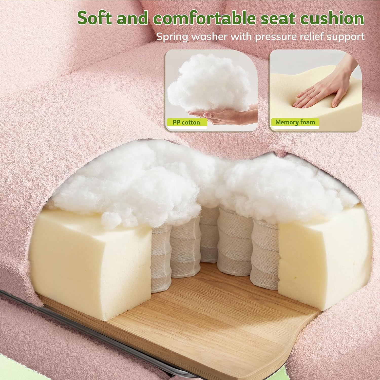 Cross-section view of the chair's seat cushion, highlighting layers of PP cotton, memory foam, and spring support.