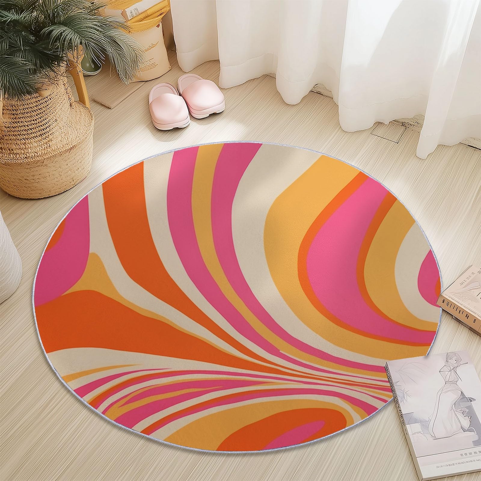 Teppich rund,Outdoor Psychedelische Welle Orange Pink Waschbarer Teppich Rund 120 cm (Round) Rutschfester Kurzflor Carpet Living Room Bedroom Esszimmer Büro Orange Pink
