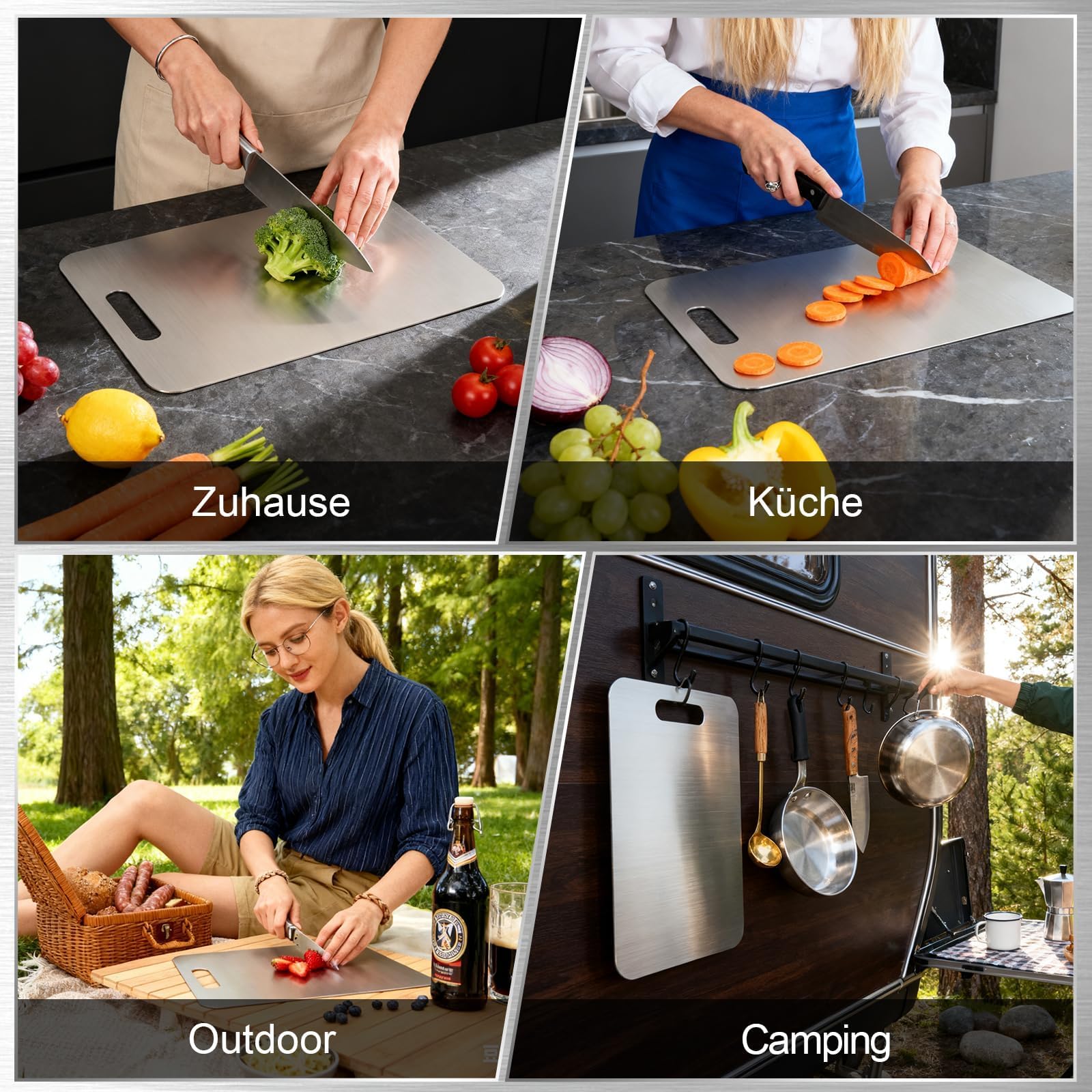 Juego de 3 tablas de cortar de titanio de acero inoxidable con esponja, sin BPA y antibacterianas, tabla de corte de titanio de doble cara para carne, verduras, pescado y pan