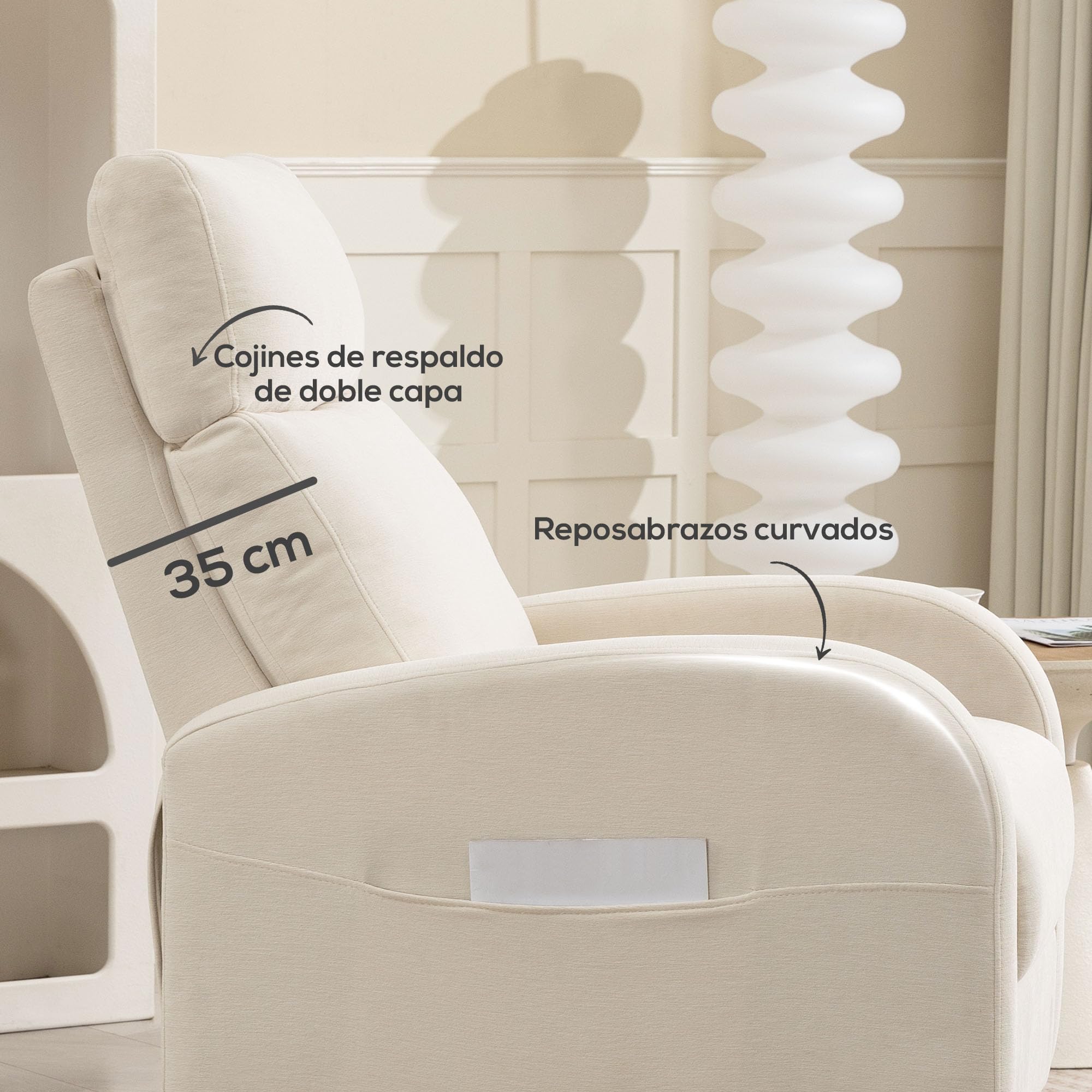 HOMCOM Sillón Relax Reclinable Manual Sillón Relax Tapizado en Lino Sintético con Reposapiés y Bolsillo Lateral Carga 135 kg Sillón Reclinable para Dormitorio Oficina Crema