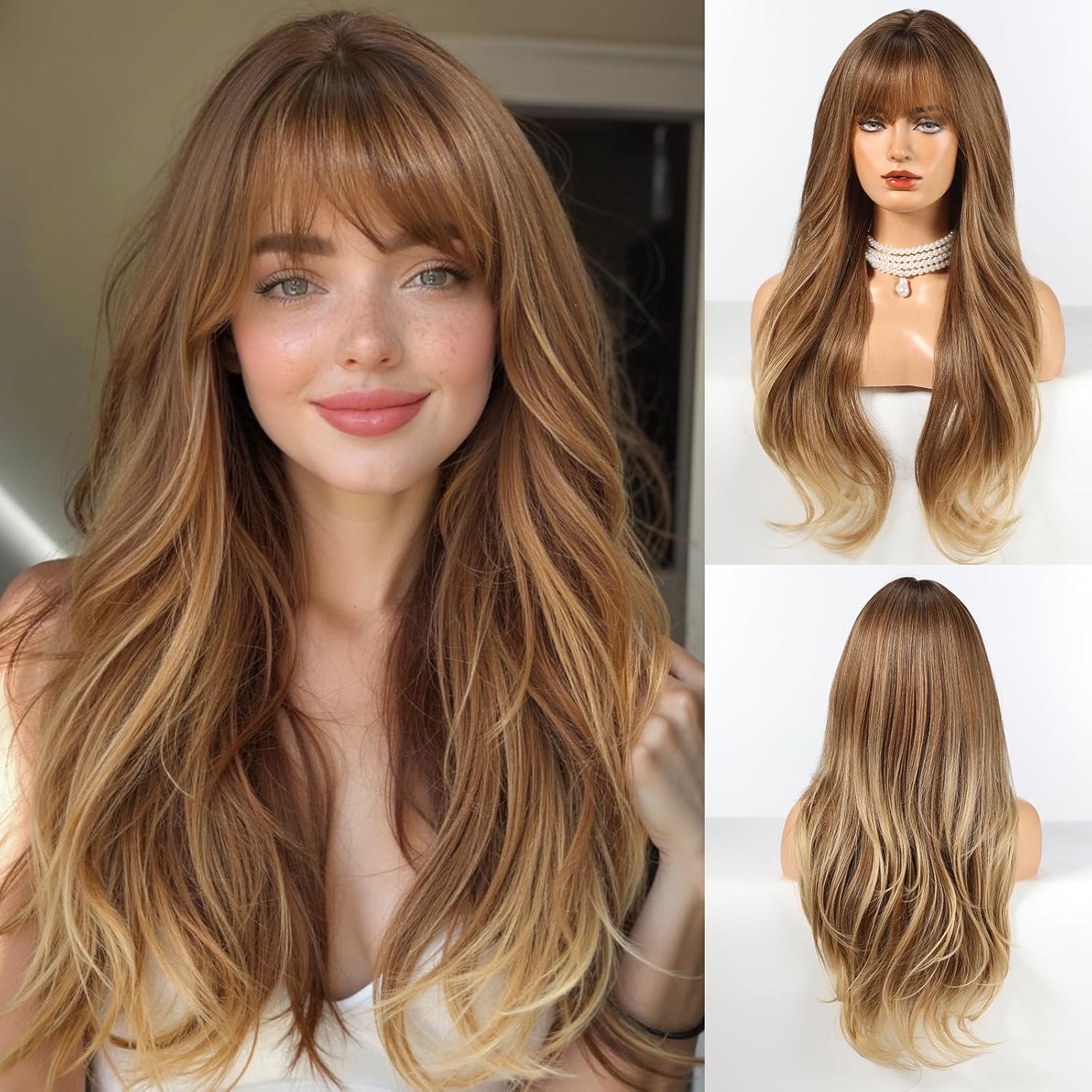 HAIRCUBE Long Ombre Brown Wig with Bangs Layered Curly Wigs for Women Natural Synthetic Wigs for Daily Use (pelucas de cabello natural) HAIRCUBE Long Ombre Brown Wig with Bangs Layered Curly Wigs for Women Natural Synthetic Wigs for Daily Use (pelucas de cabello natural)