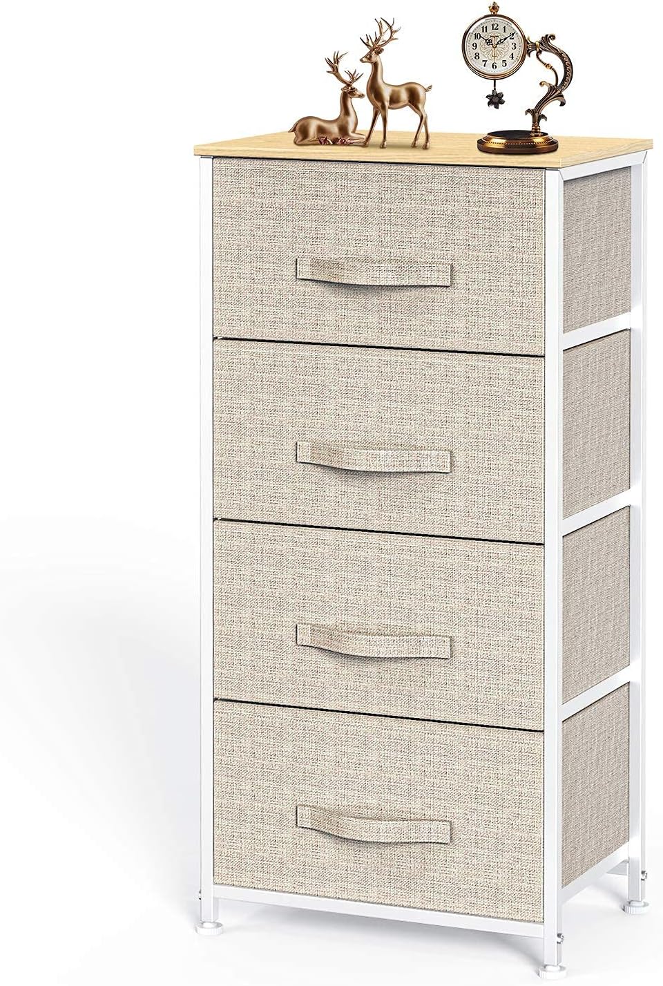 Pipishell Dresser with 4 Drawers, Tall Storage Tower with Sturdy Steel Frame Wood Top，Fabric Dresser Organizer Unit for Bedroom, Hallway, Entryway, Closets, Nursery Room