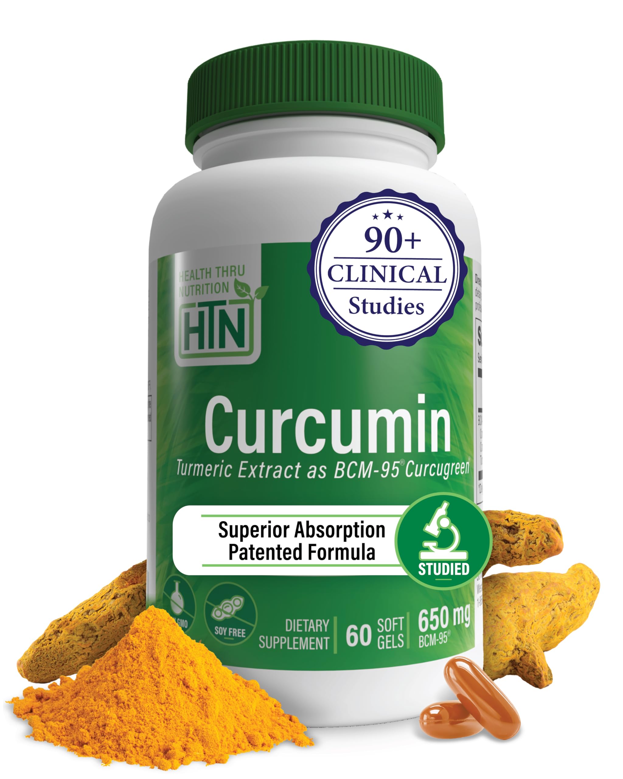Health Thru NutritionCurcumin 650mg BCM-95 Curcugreen | Turmeric Curcumin Complex | High Absorption | Healthy Inflammation Response | Clinically Studied | 3rd Party Tested | Non-GMO (Pack of 60)