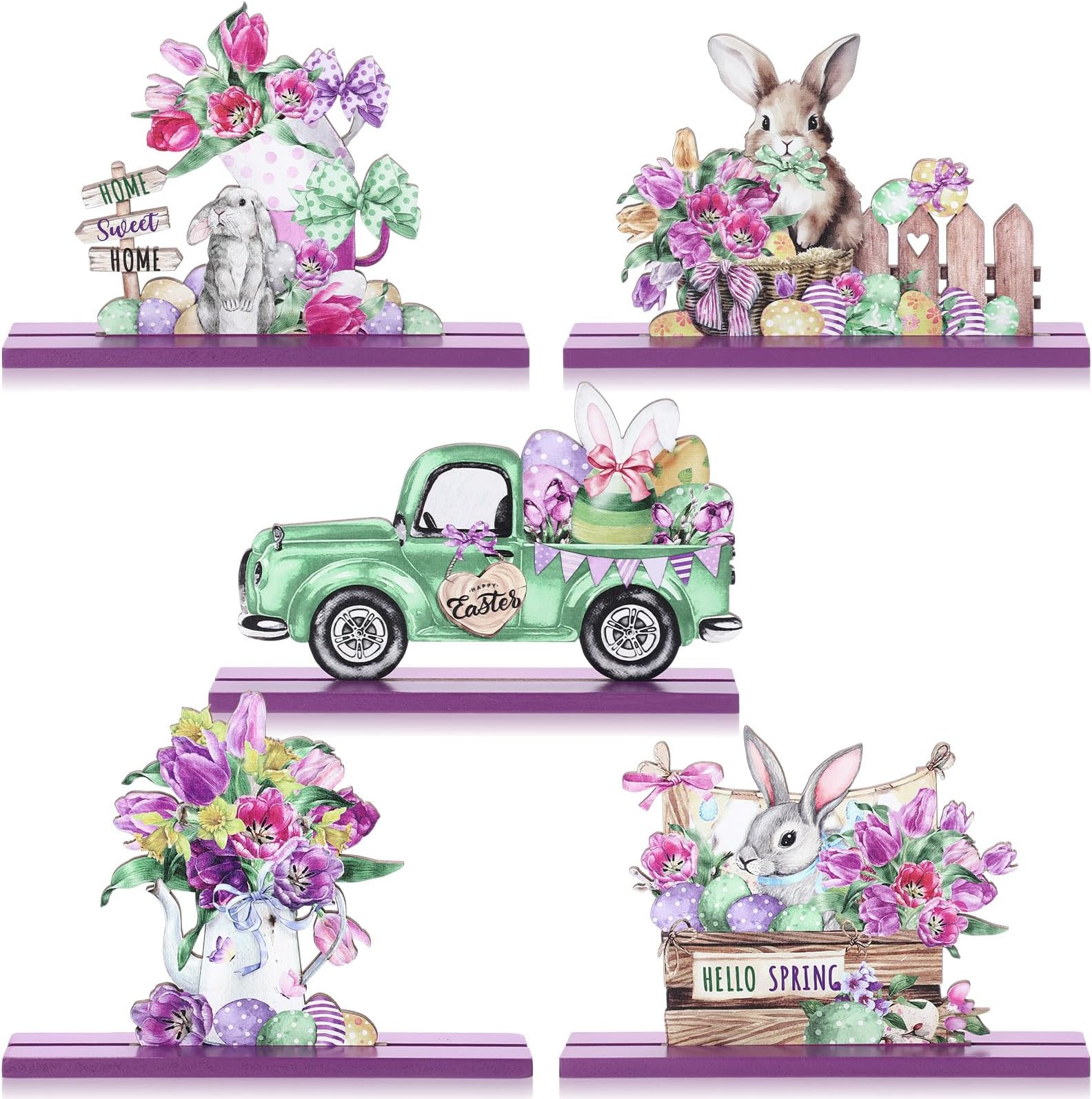 Blulu5 Pieces Easter Table Decorations Wooden Bunny Happy Easter Table Signs Wood Table Centerpieces for Easter Farmhouse Rustic Home Office Tier Tray Decor Table Decoration Supplies (Hello Spring)