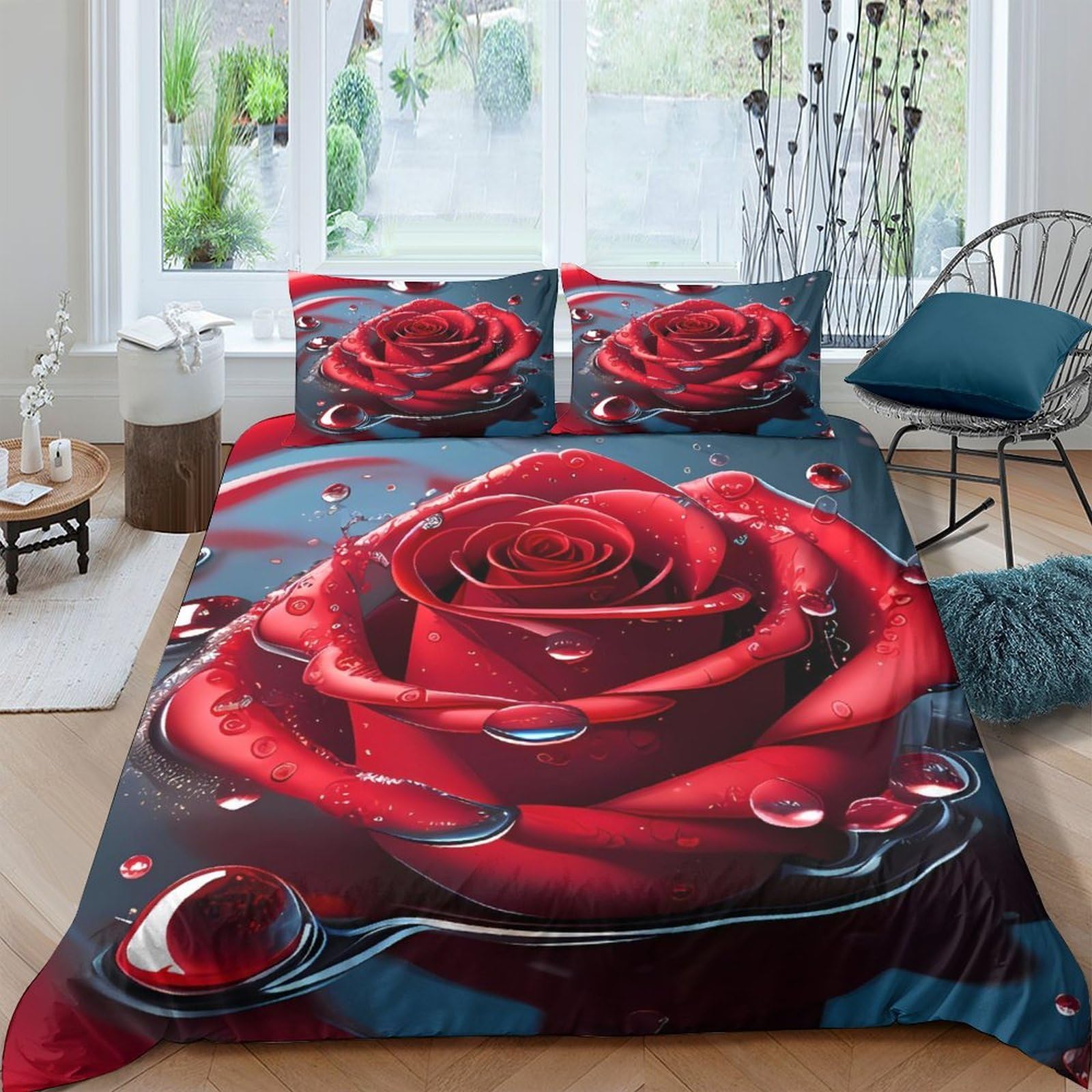 Ctjqhvkz Style-8 3D Printed Red Rose Fitted Sheet Microfiber Soft Breathable Waterdrop Bed Cover For Bedroom Dorm Mattress Decor Single（135X200cm）